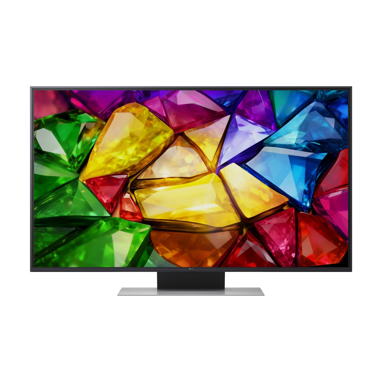 Una TV a schermo piatto mostra gemme sfaccettate colorate in rosso, verde, blu e giallo.