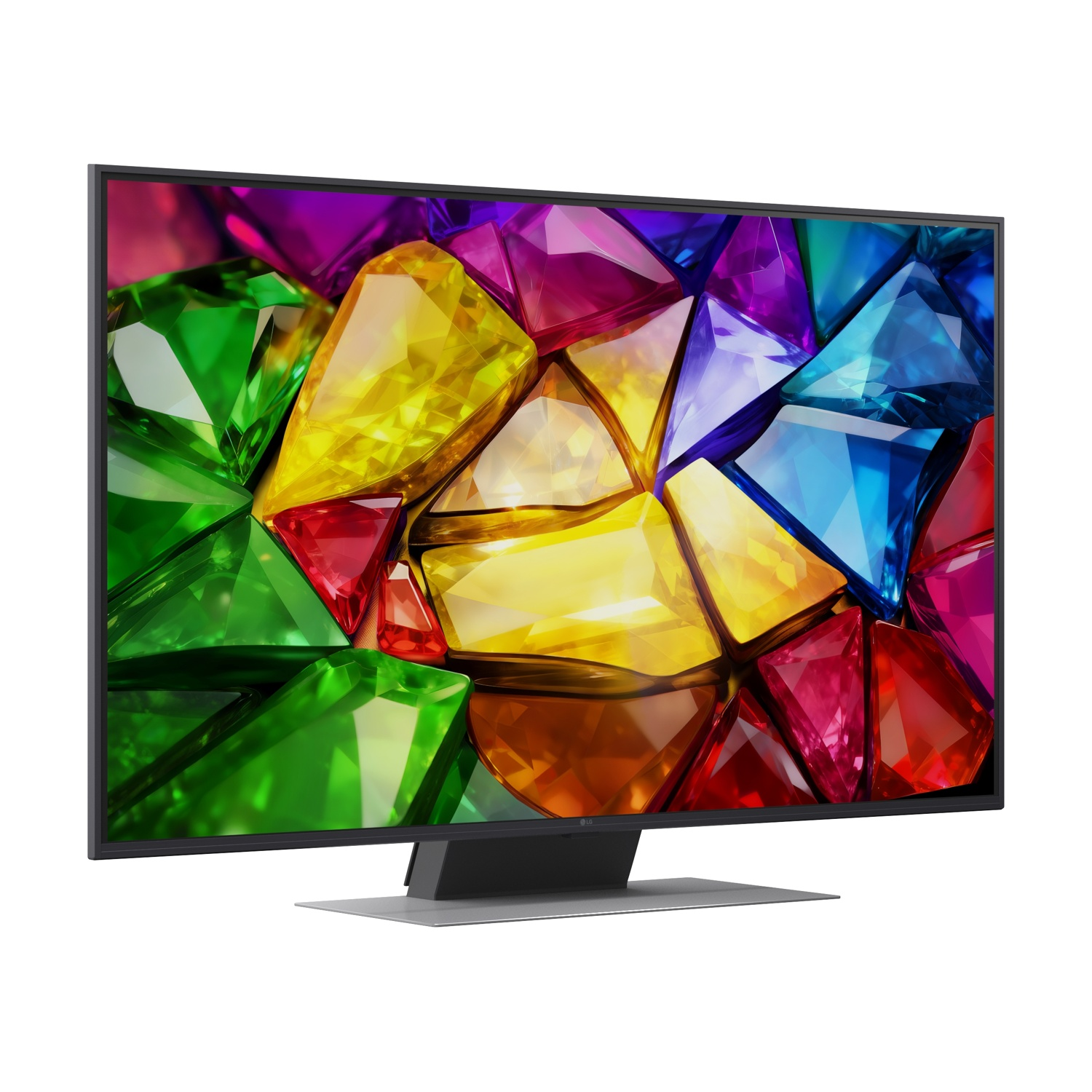 Una TV moderna che mostra uno schema di gemme colorate sul suo schermo.