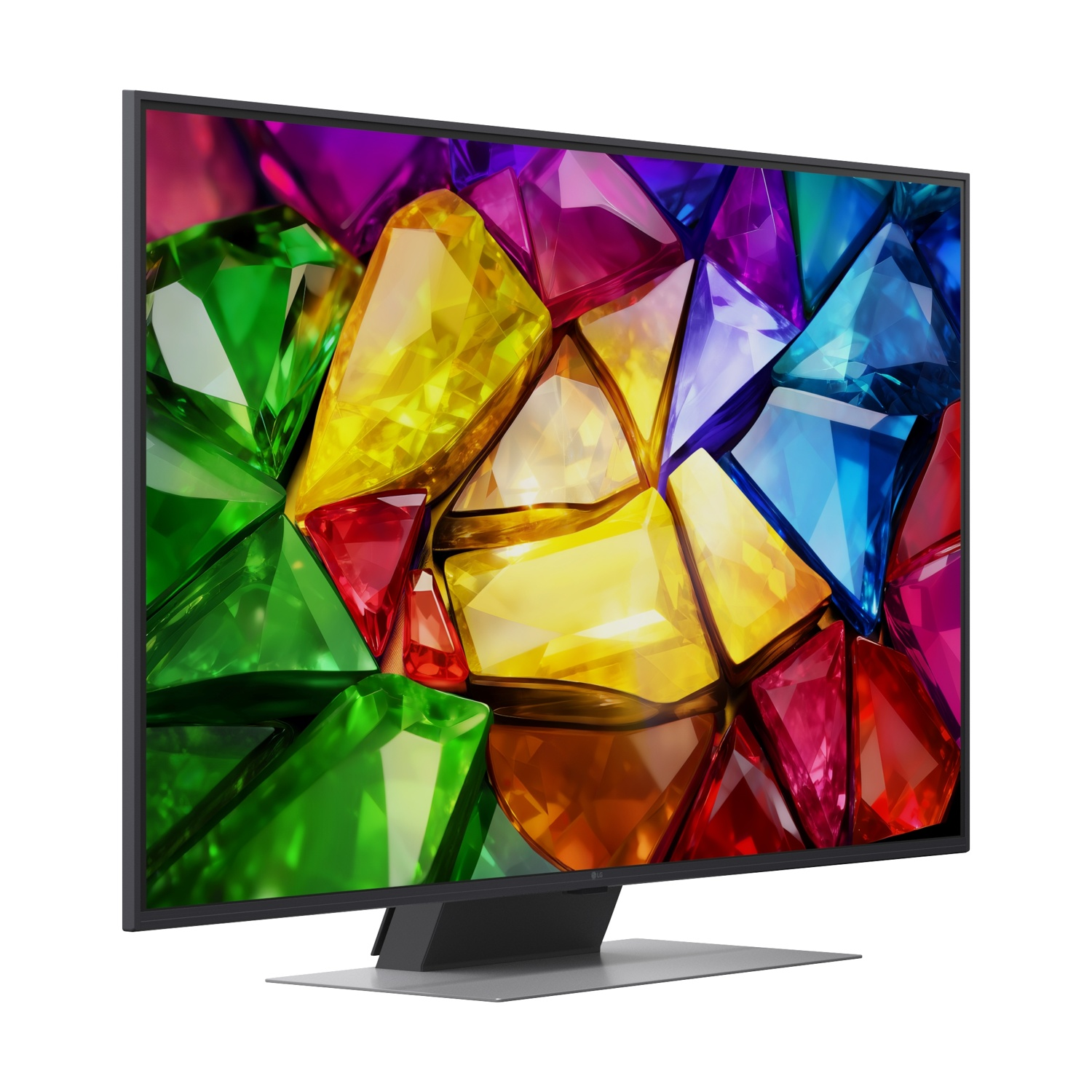 Un televisore moderno che mostra gemme colorate sul suo schermo.