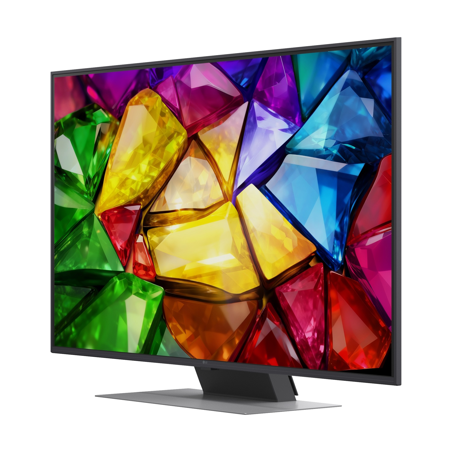 Un televisore moderno mostra un vibrante motivo astratto di gemme sfaccettate e colorate.