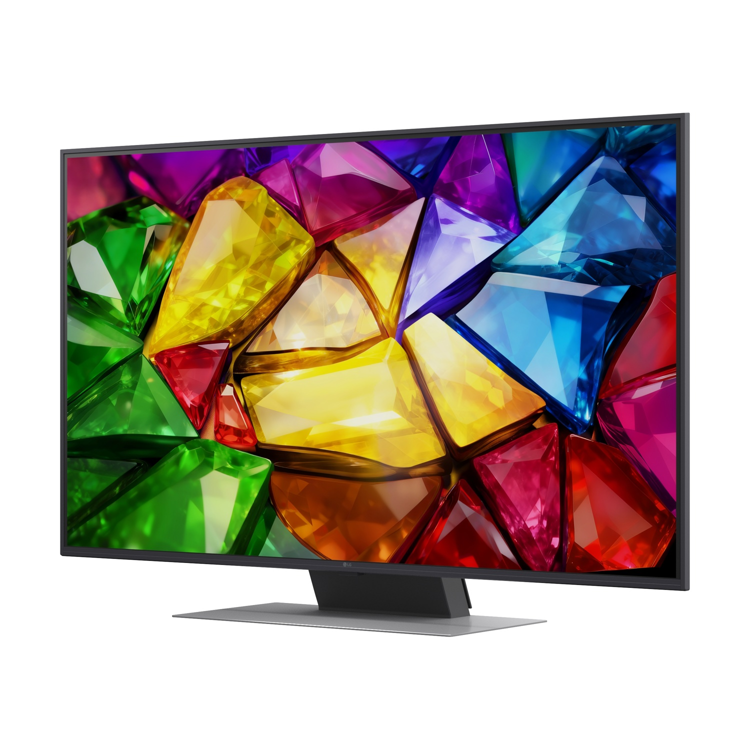 Una TV moderna mostra un'immagine astratta e vibrante di gemme sfaccettate colorate.