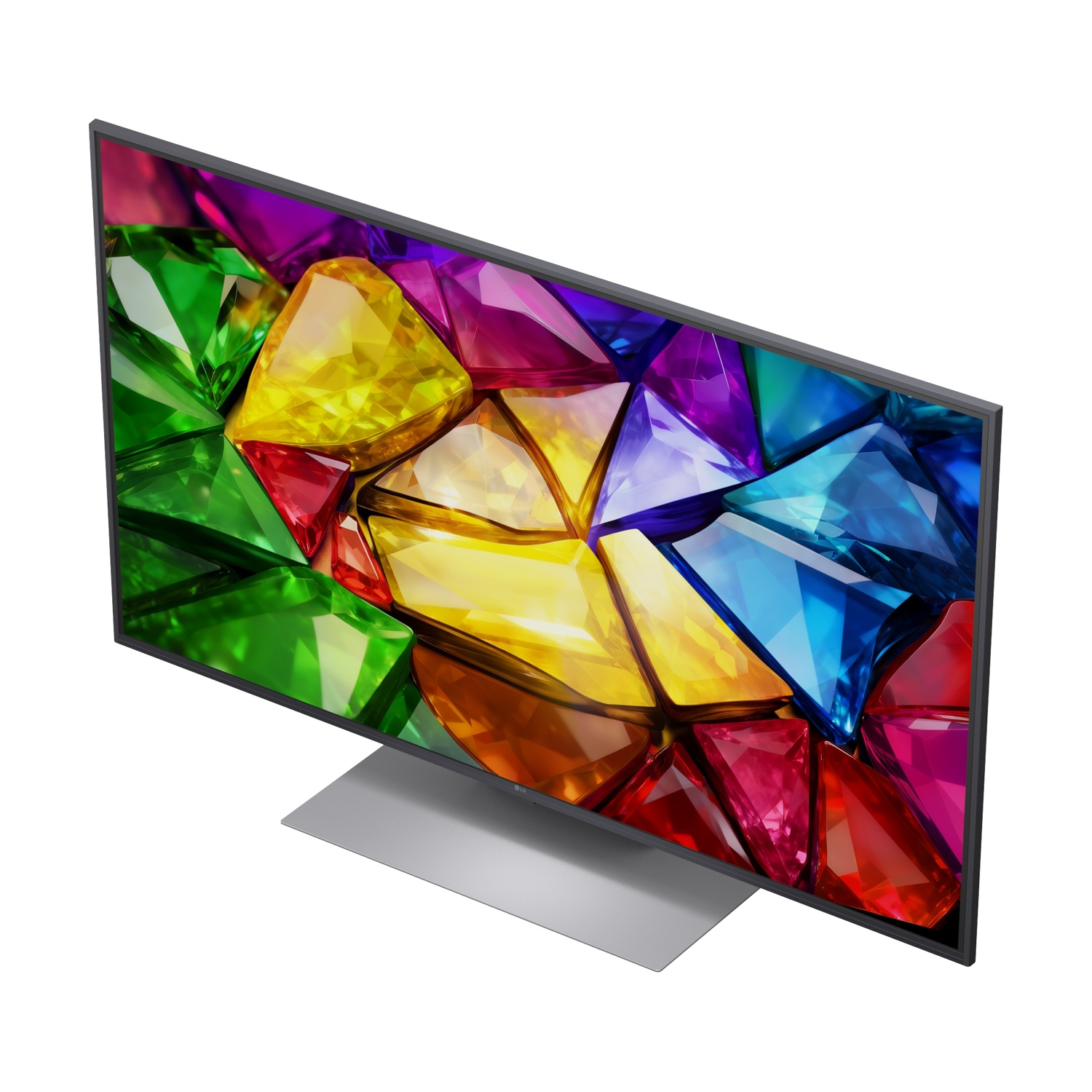 Un televisore moderno che mostra un motivo di gemme colorate sullo schermo.