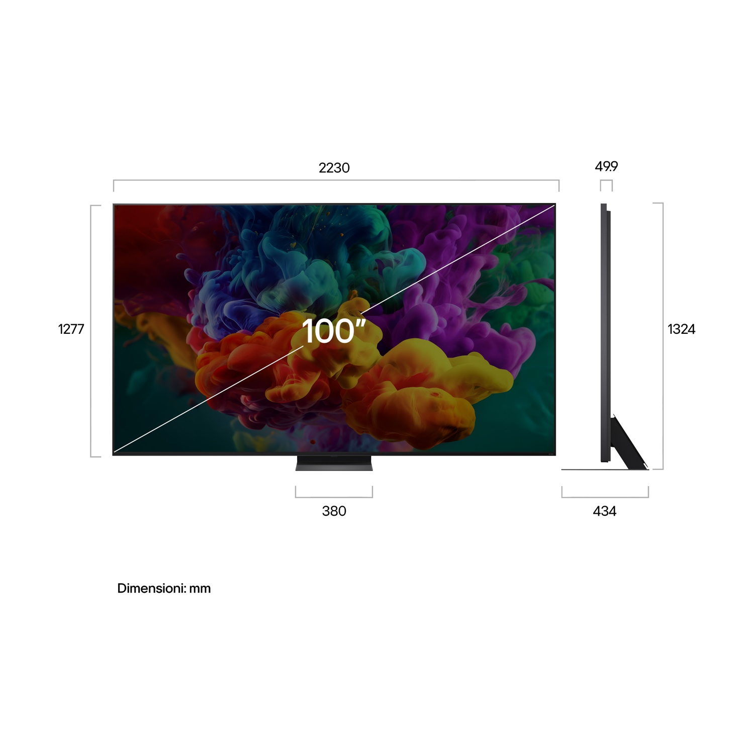 TV da 100 pollici con grafiche di fumo colorate, dimensioni: 2230x1324x499mm.