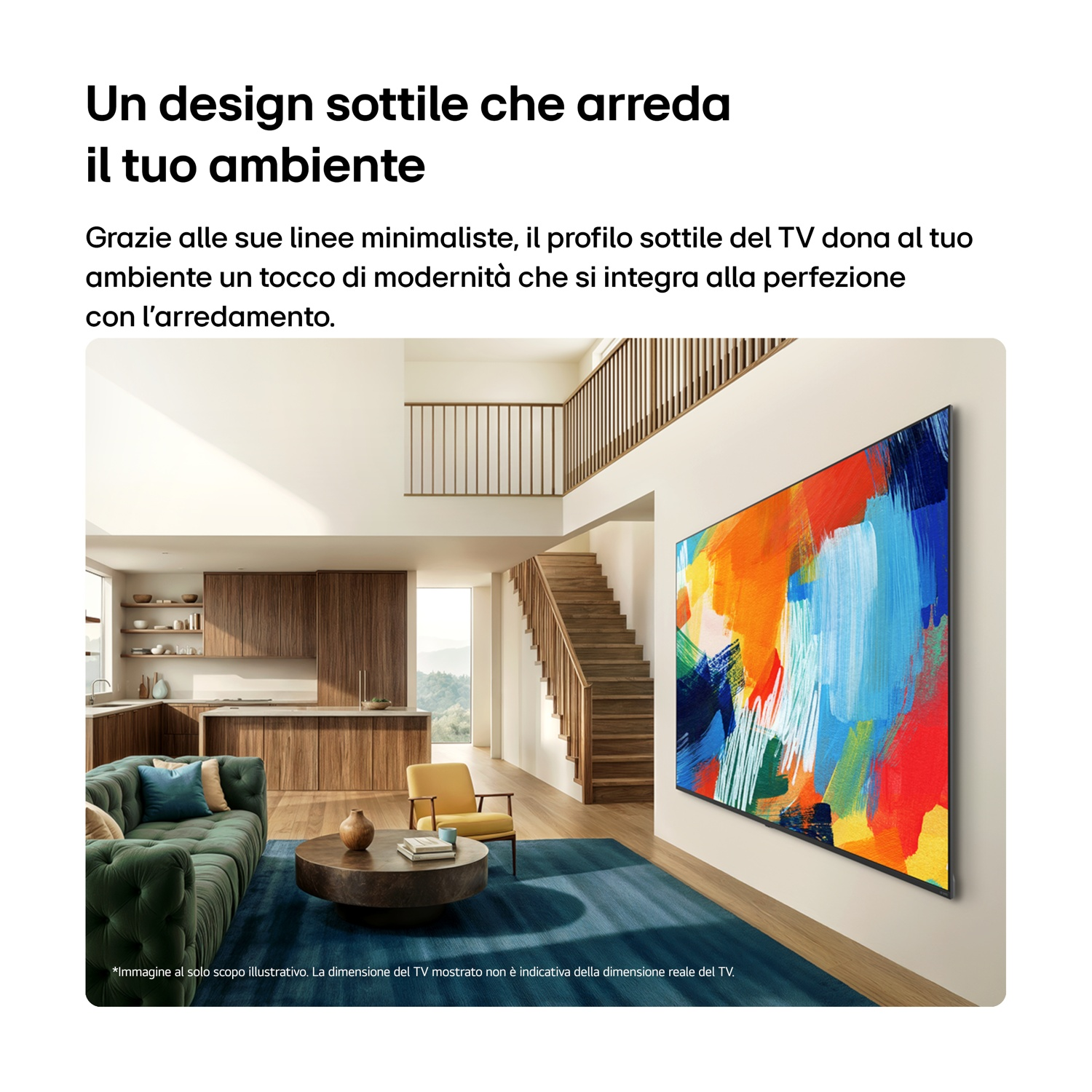 Soggiorno moderno con divano, tavolo, sedia e TV con arte colorata.