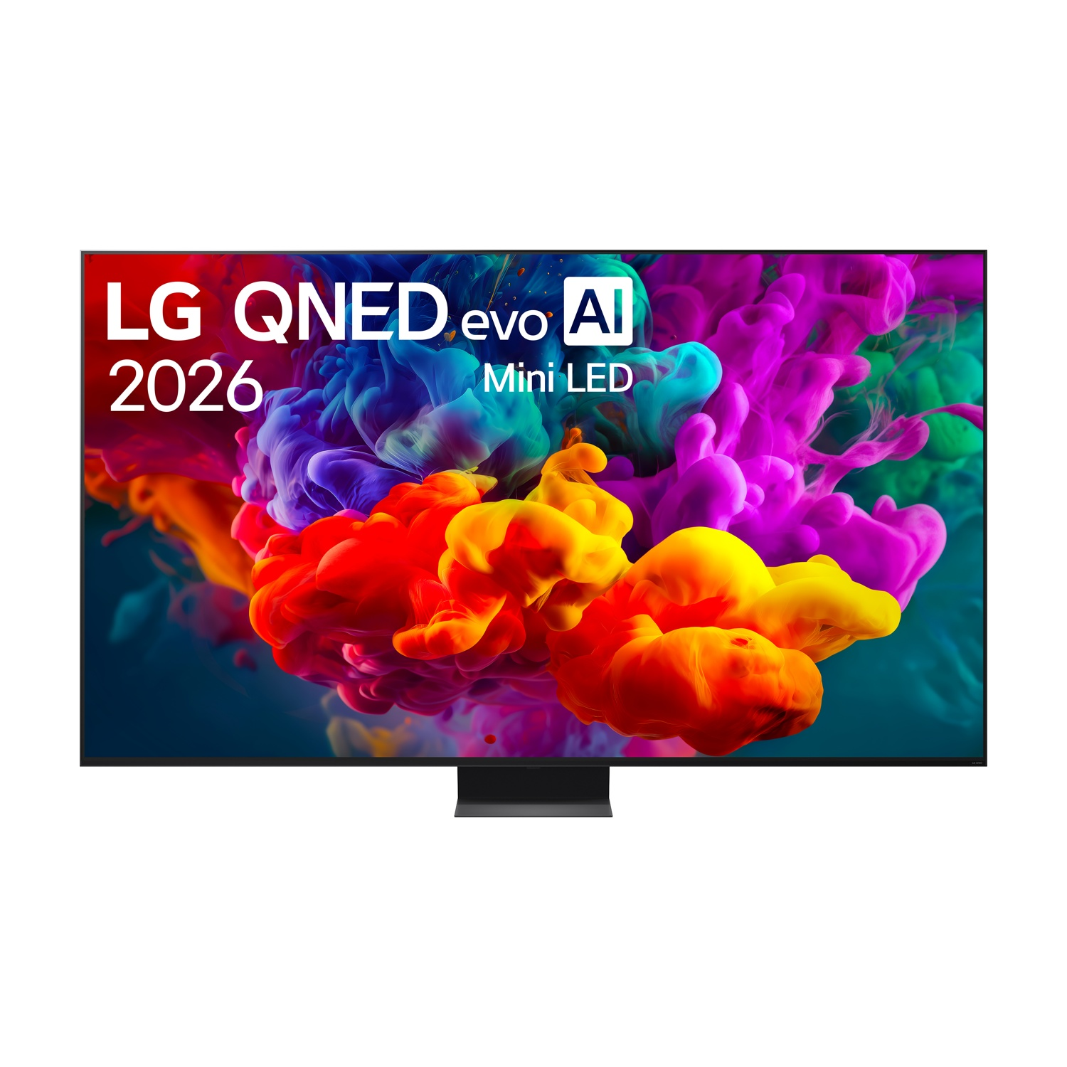 Un TV LG QNED evo AI Mini LED con grafica a fumo colorato.