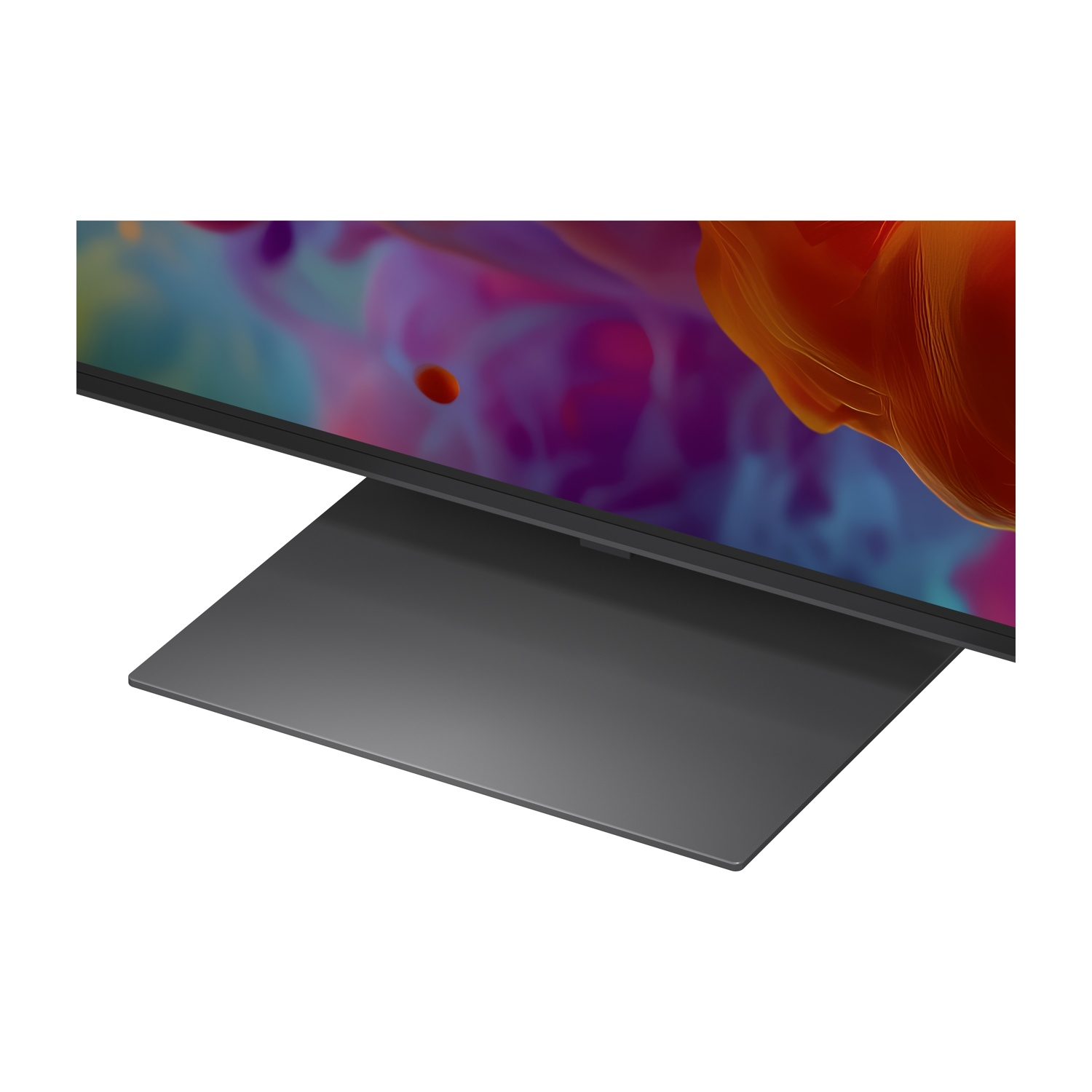 Una TV moderna con uno sfondo astratto e colorato e un elegante supporto grigio.