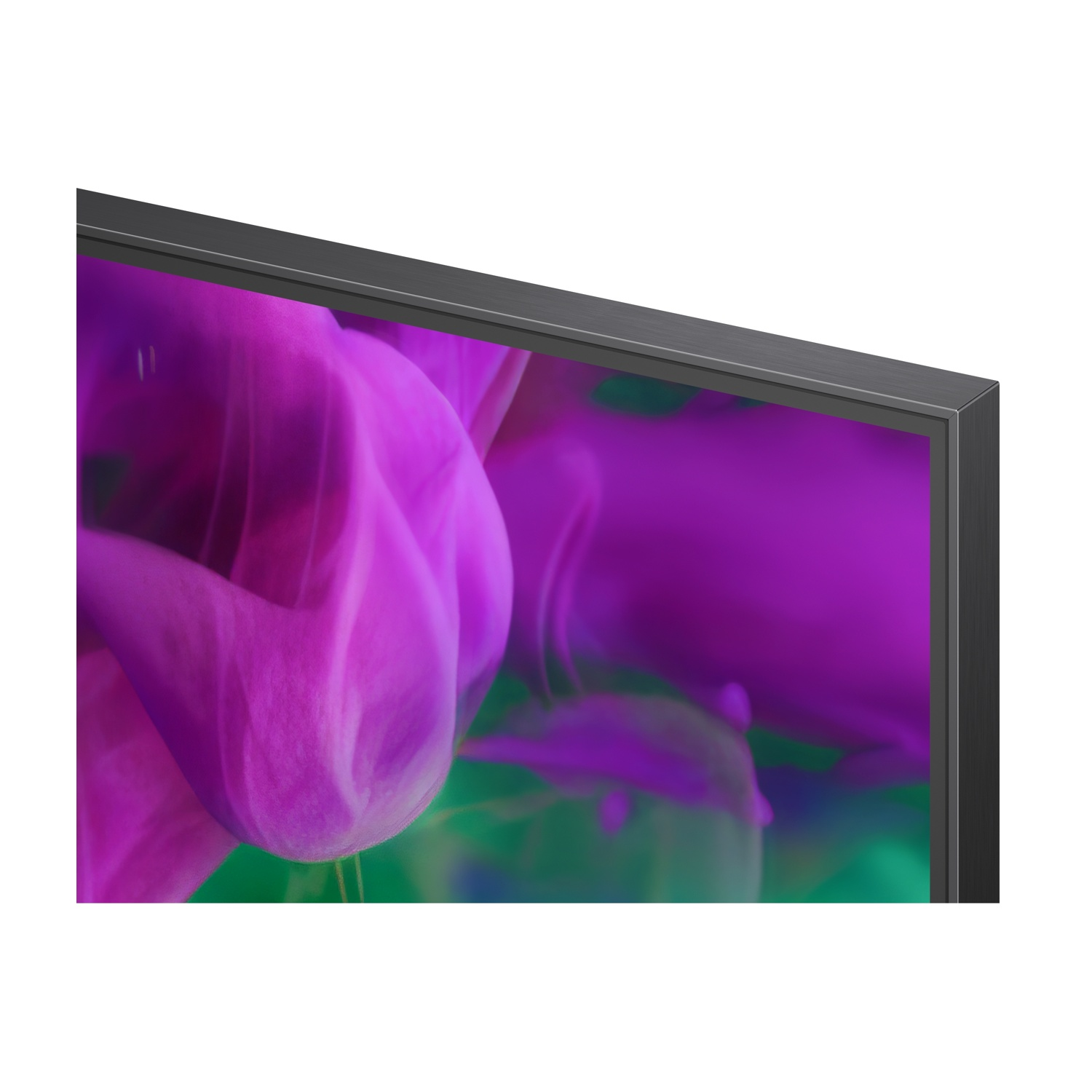 Primo piano schermo TV con immagine astratta viola e verde.