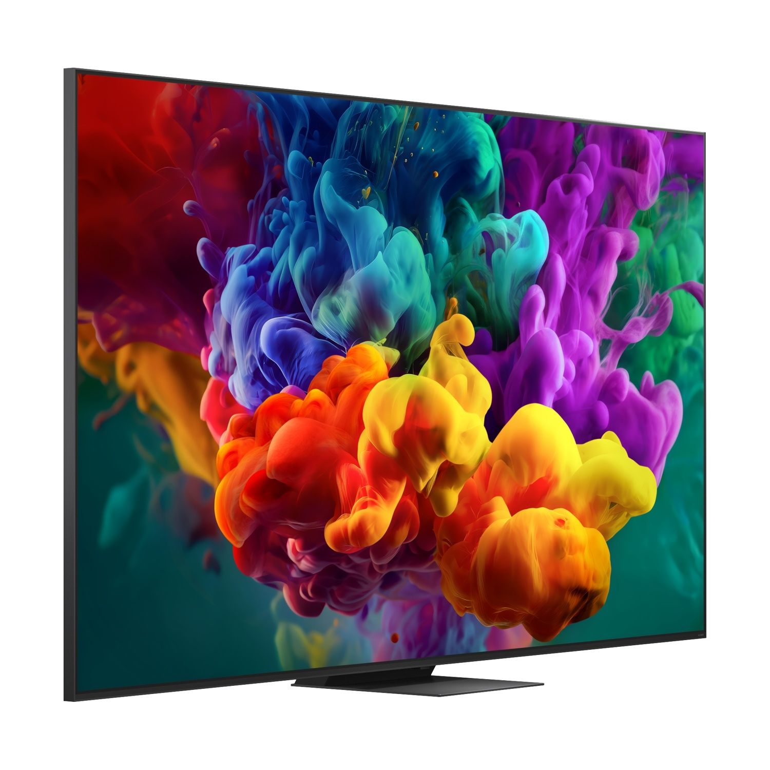 Un televisore moderno che mostra arte vibrante e colorata di fumo o inchiostro sullo schermo.