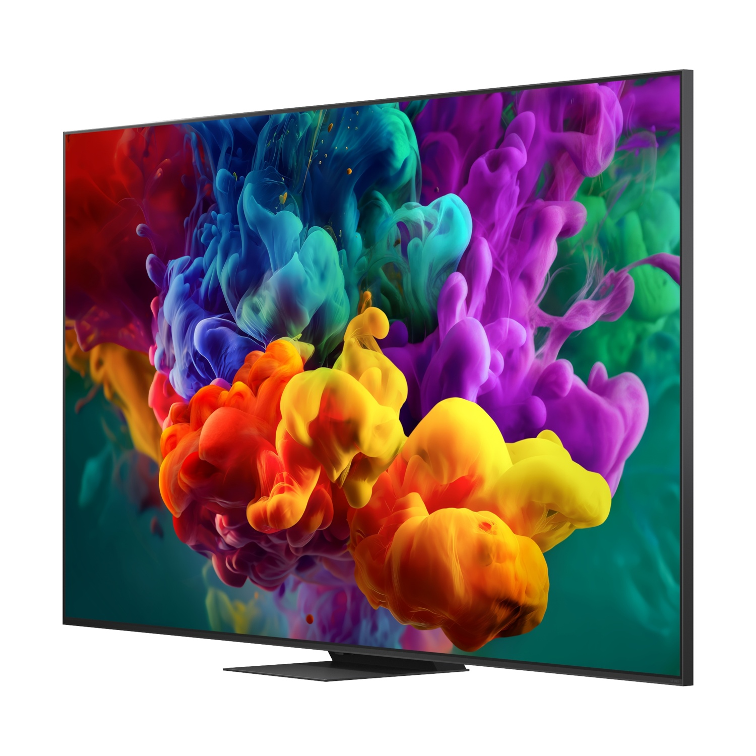 Un televisore moderno che mostra vibranti nuvole di fumo colorate.