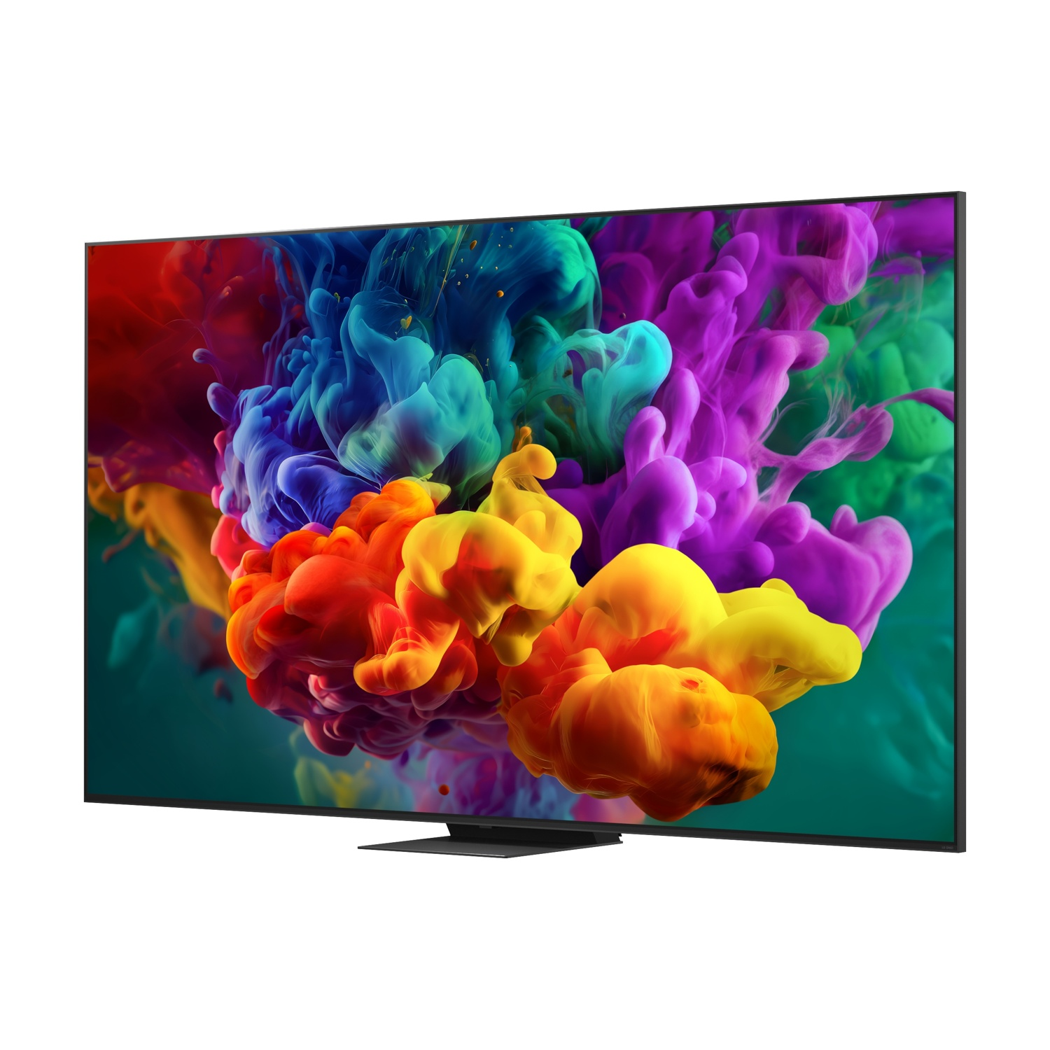 Una TV moderna con uno screensaver a nuvola di inchiostro colorato. Cornice nera.