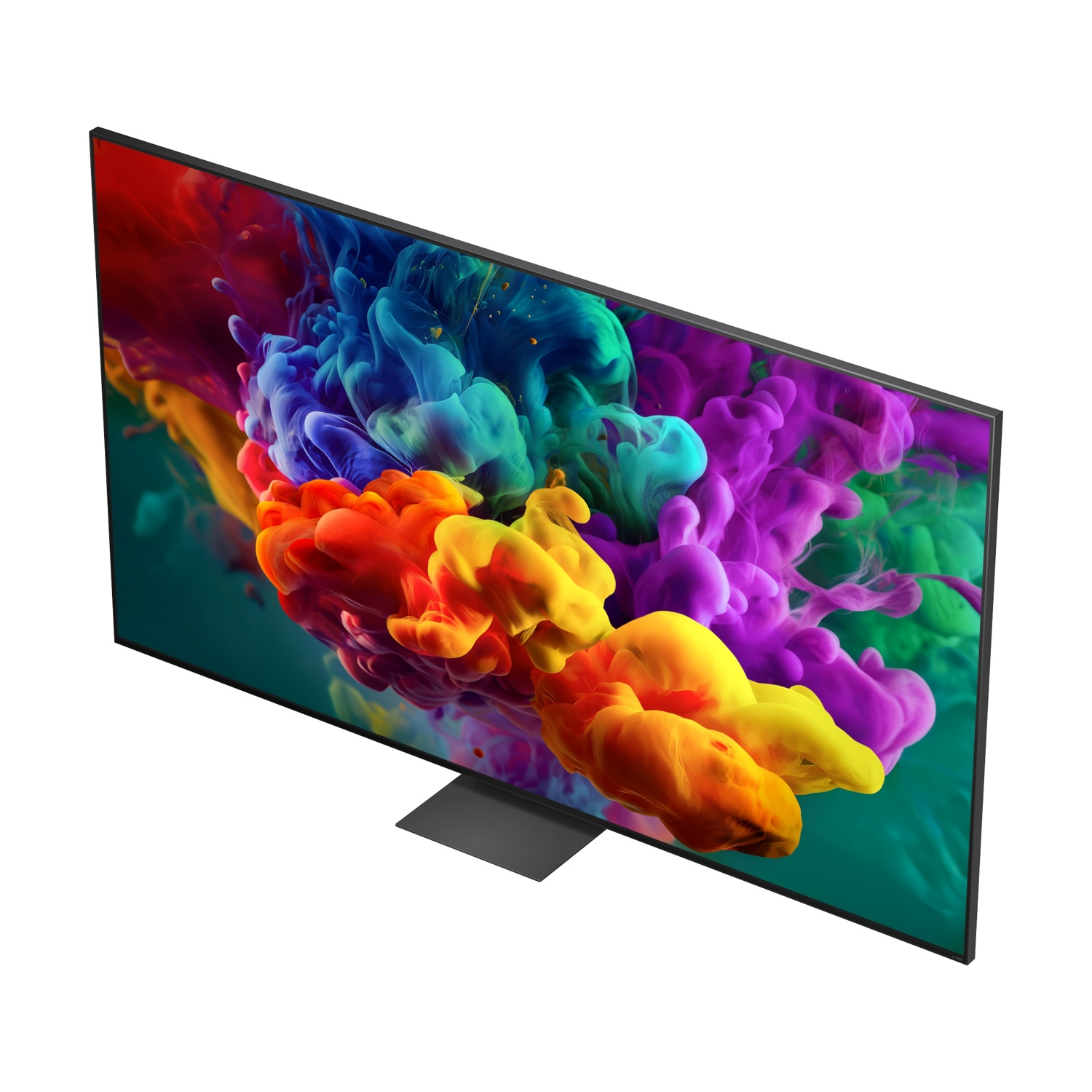 Un televisore moderno con uno screensaver di fumo colorato su un supporto nero.
