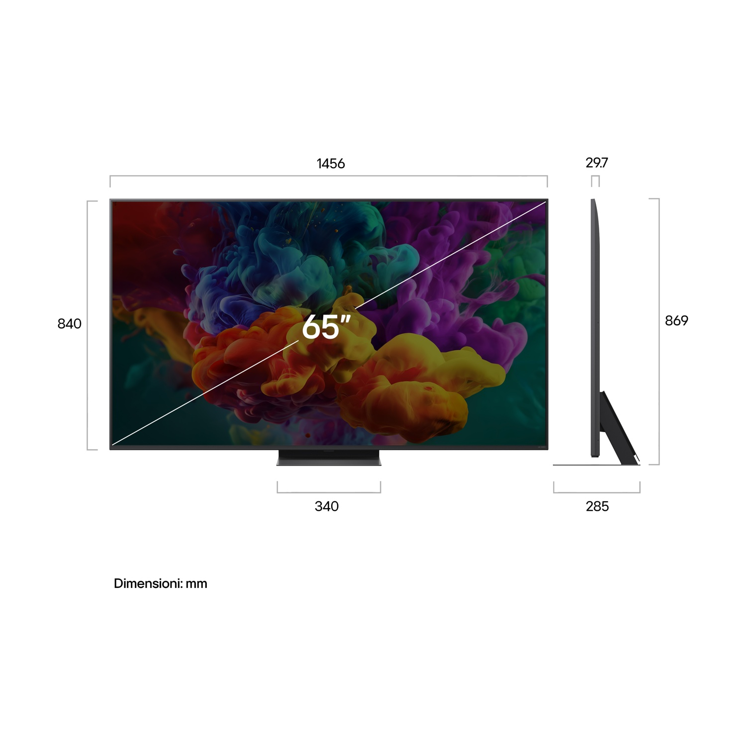 Un televisore da 65" con grafica di fumo colorata, dimensioni indicate.