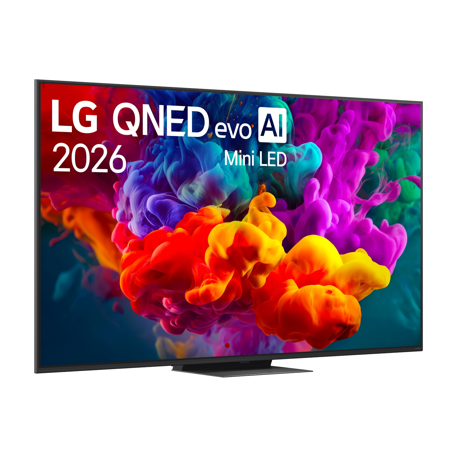 TV LG QNED evo AI 2026 Mini LED con vivace display di fumo astratto colorato.
