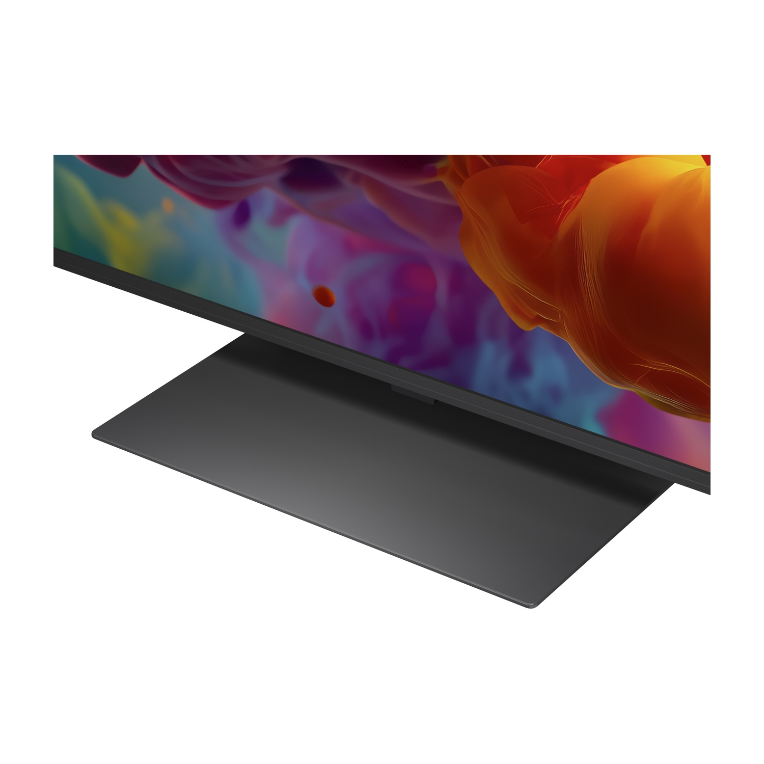 Primo piano di una TV moderna con sfondo astratto e colorato sullo schermo e base scura.