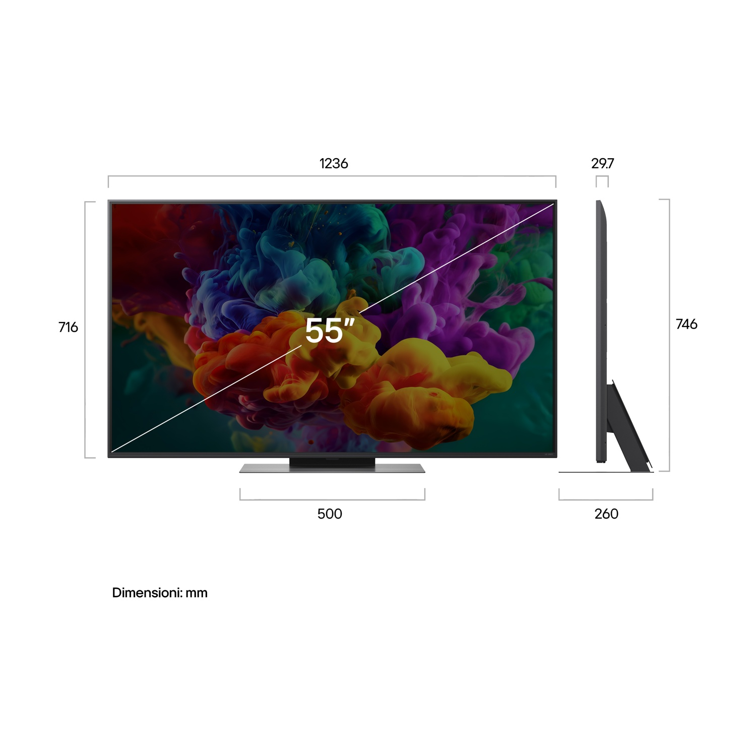 TV da 55 pollici con grafica astratta di fumo colorato e dimensioni.