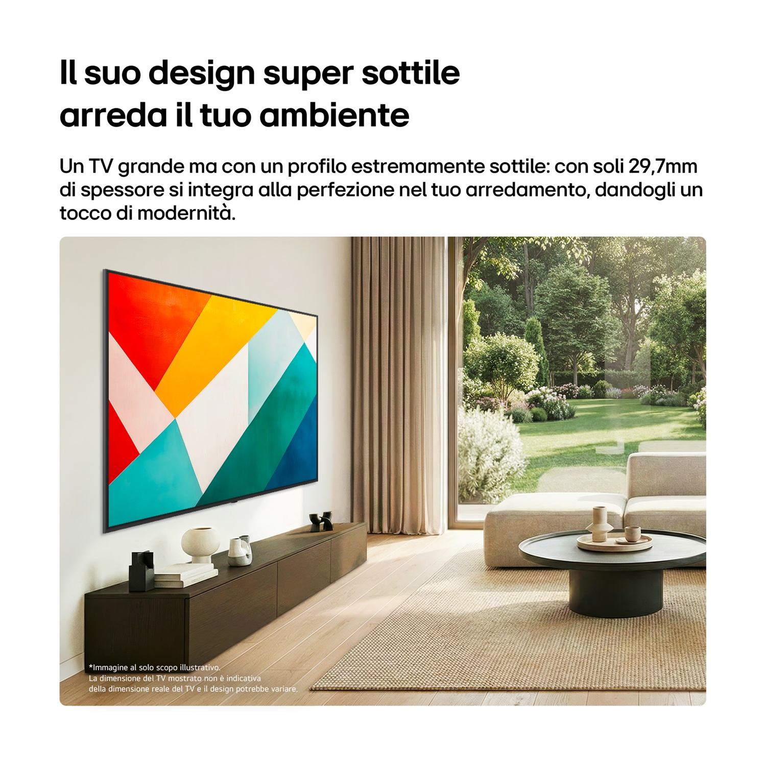 Un soggiorno moderno con TV nero sottile a parete, accanto a un mobile TV.