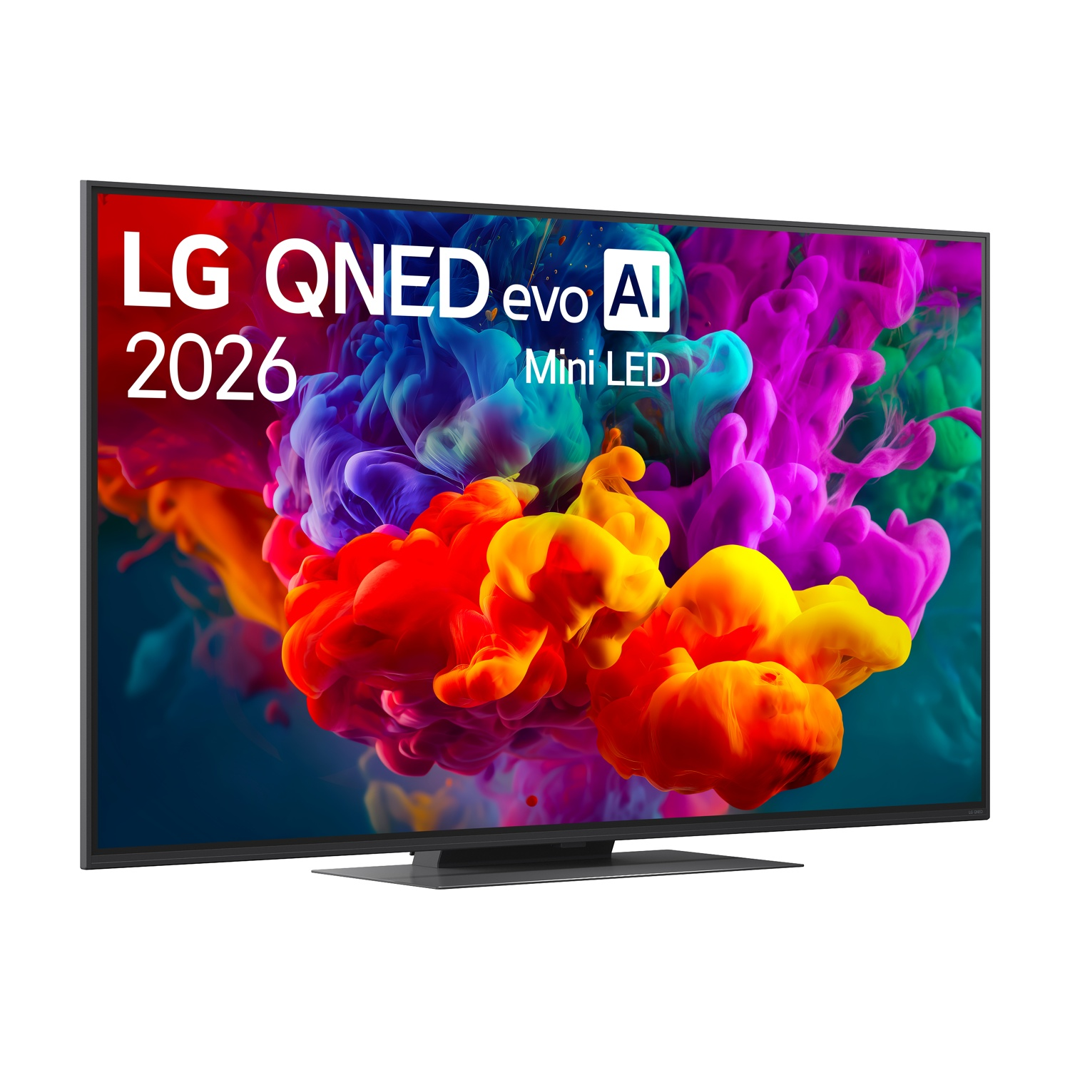TV LG QNED 2026 con tecnologia Mini LED che mostra grafiche di fumo colorate.