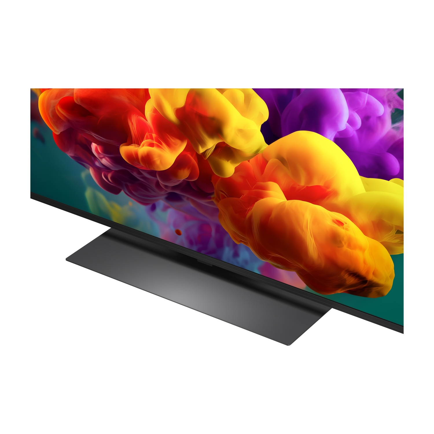 Una TV moderna con arte di fumo colorato sullo schermo, con supporto nero.