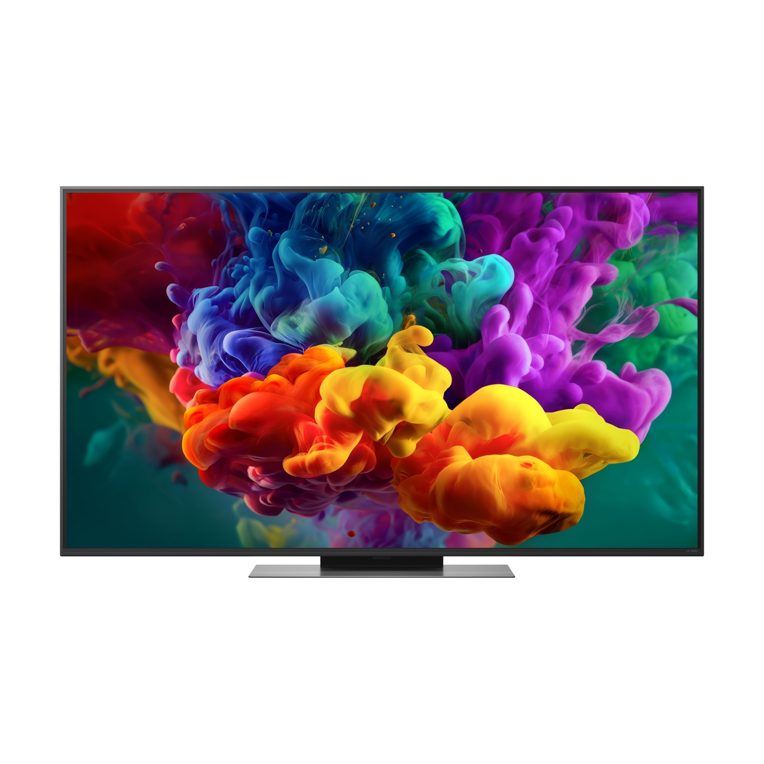 Un televisore moderno mostra un'immagine astratta e vibrante di nuvole di fumo colorate su sfondo scuro.