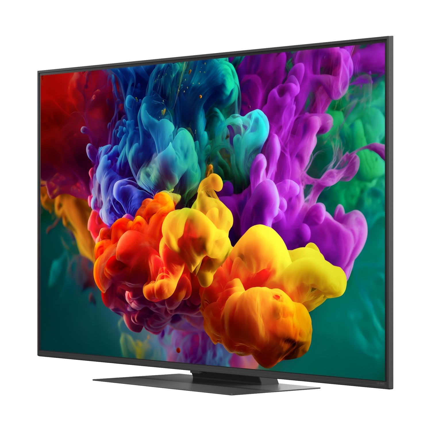 Una TV moderna mostra nuvole di inchiostro vibranti e colorate in rosso, arancione, giallo, blu e viola.