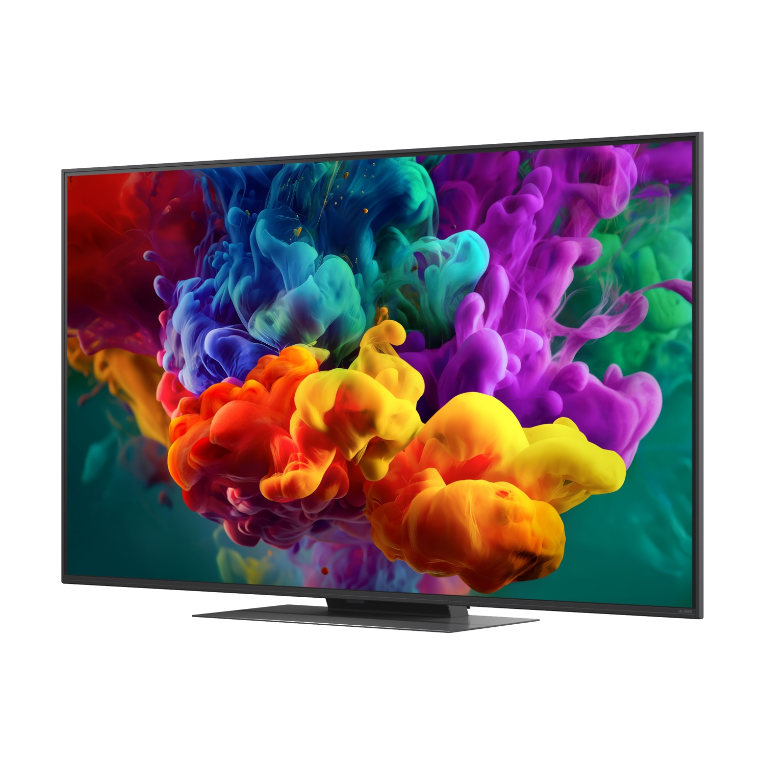 Un televisore moderno che mostra un salvaschermo colorato a fumo.