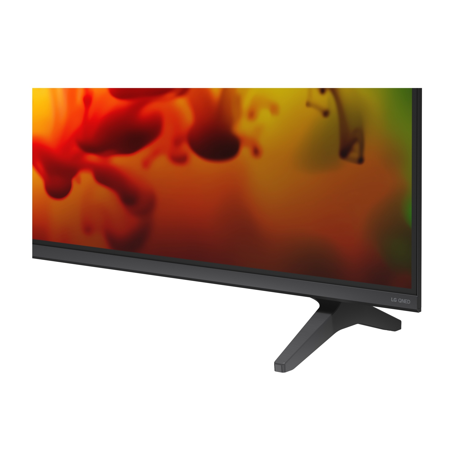 Una TV LG QNED che mostra un'immagine astratta e colorata sullo schermo. Supporto nero visibile.