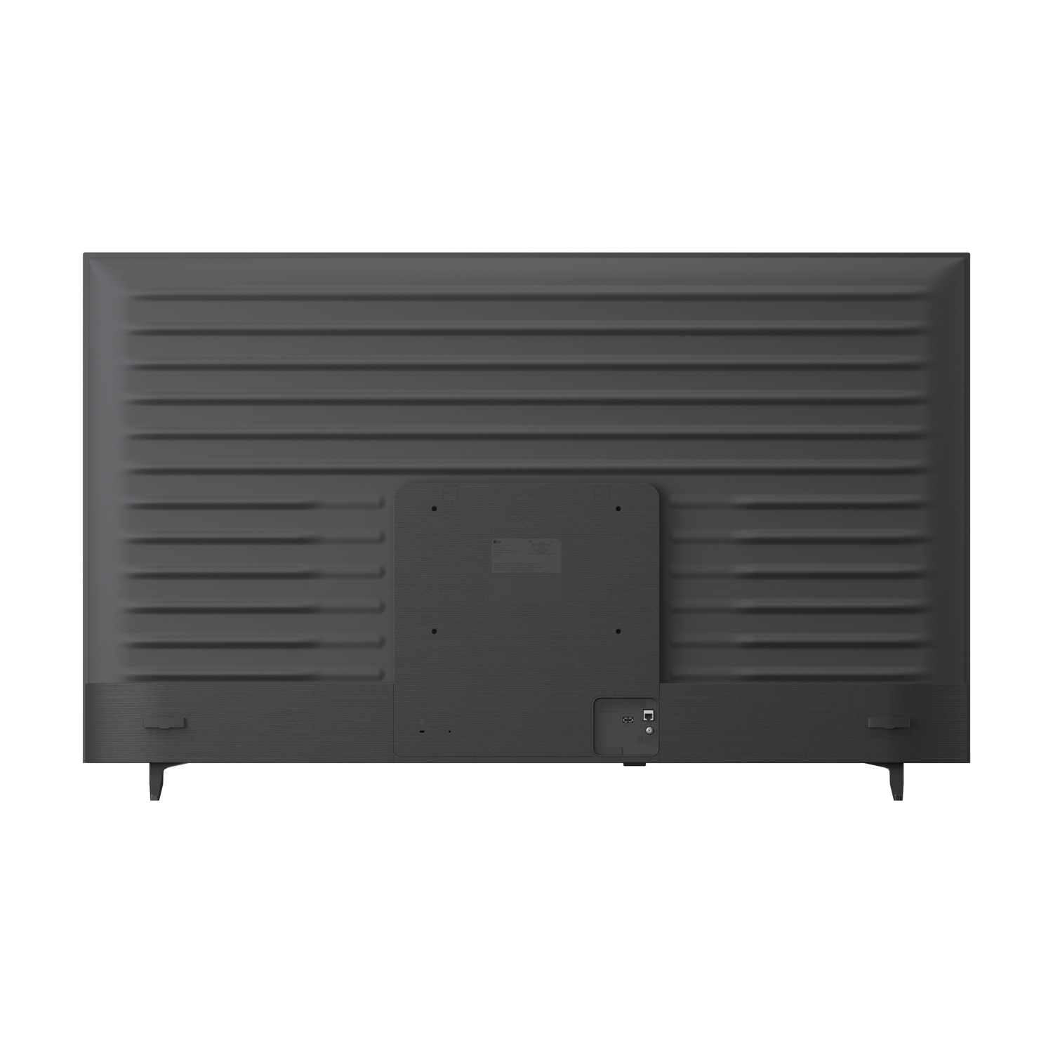 Retro di una TV nera con scanalature orizzontali e porte.