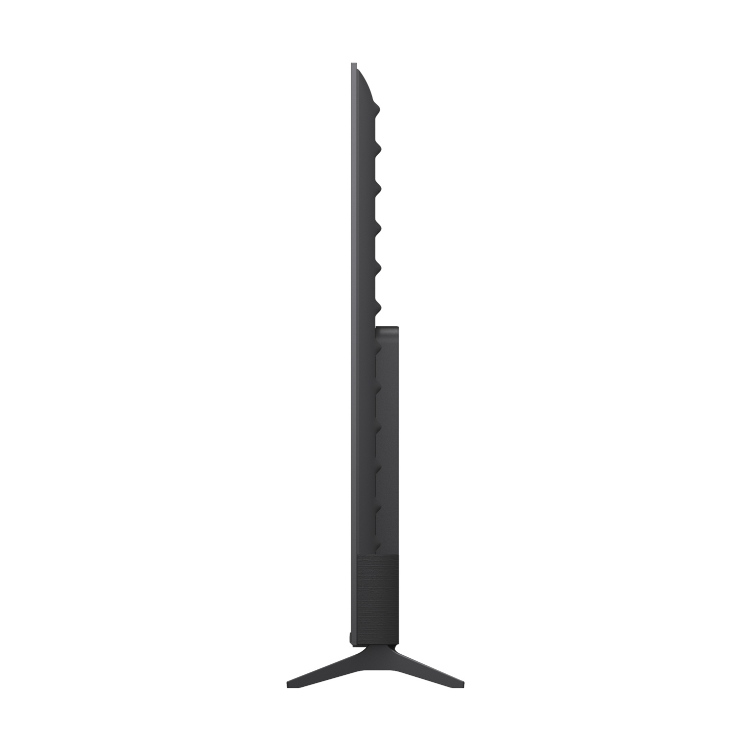 Un televisore nero a schermo piatto con supporto, visto di lato.