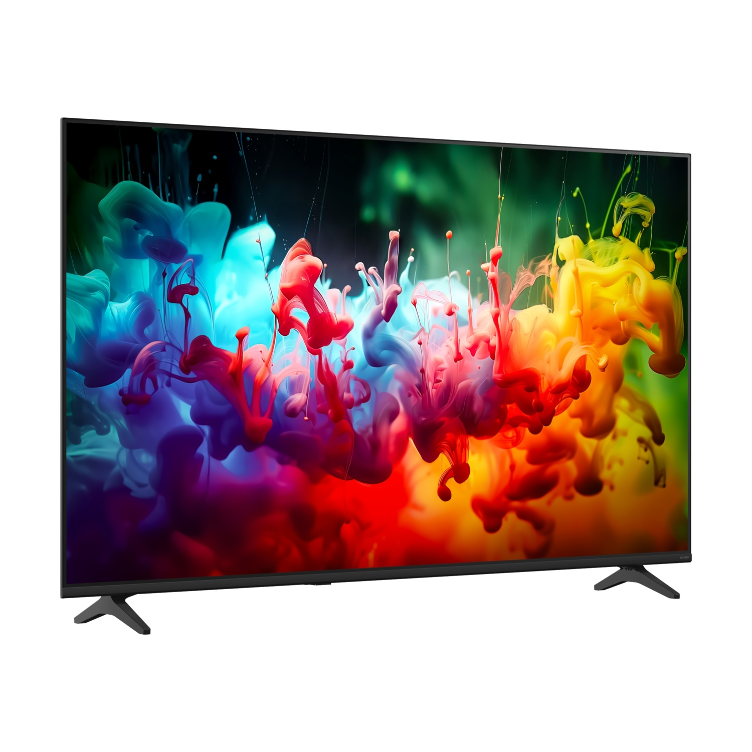 Una moderna TV a schermo piatto mostra schizzi di inchiostro colorati su sfondo scuro.