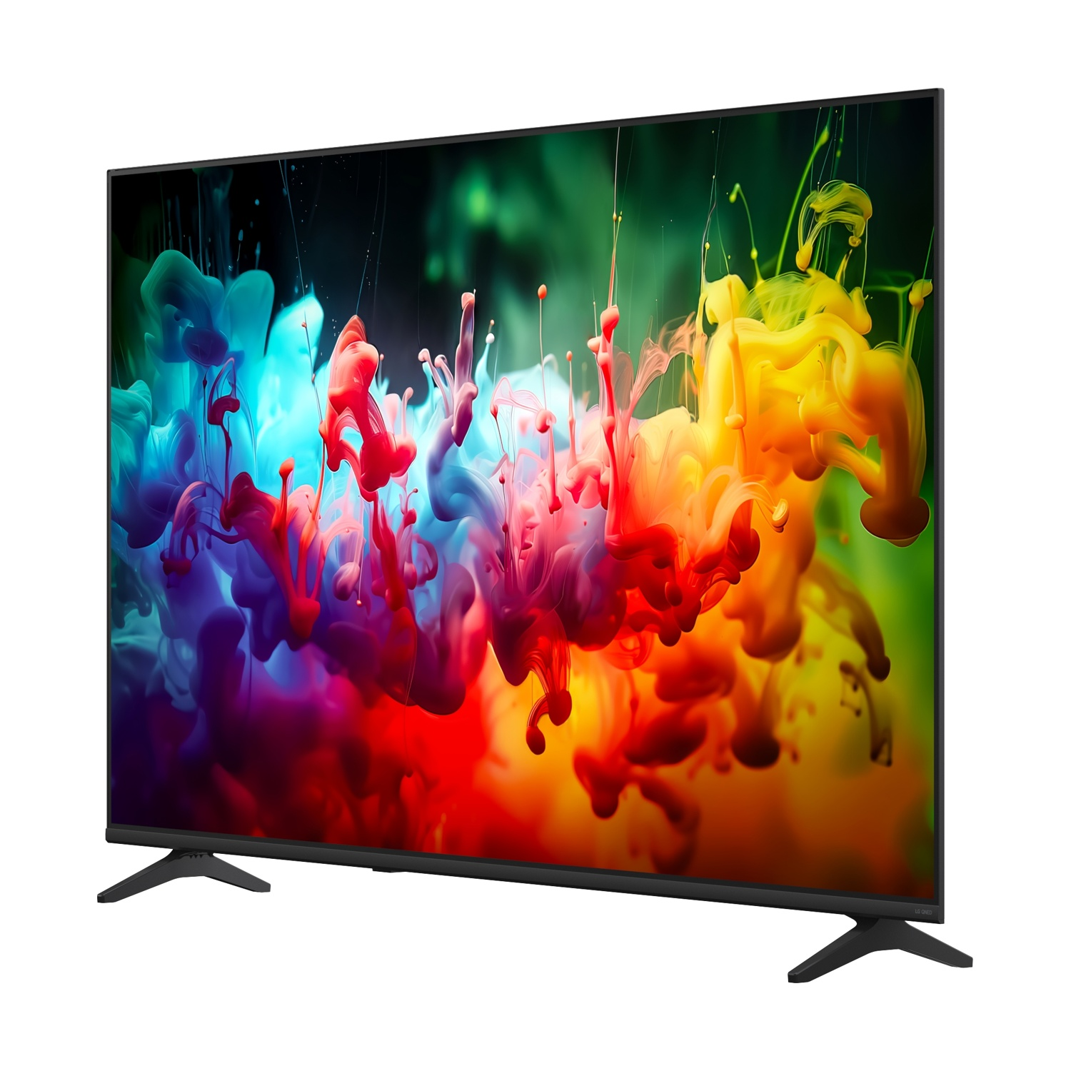 Una TV moderna a schermo piatto che mostra un design vibrante e colorato di fumo o nuvola d'inchiostro.