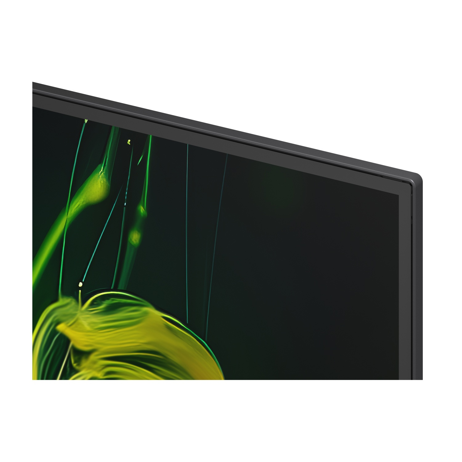 Un primo piano di un monitor con sfondo scuro e forme gialle brillanti.