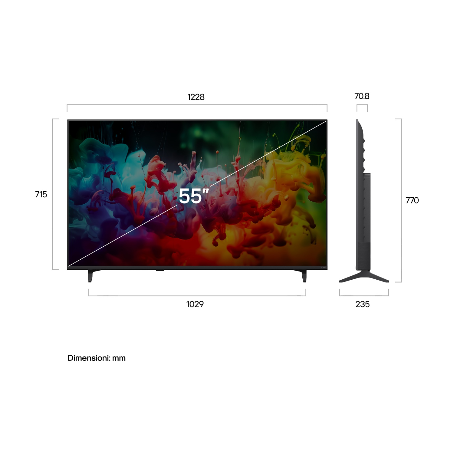 TV da 55 pollici con fumo astratto colorato sullo schermo. Dimensioni mostrate.