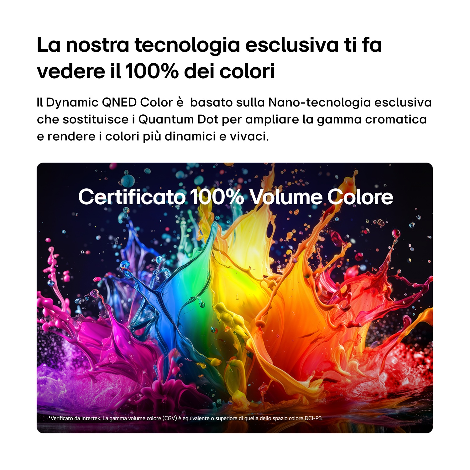Esplosioni di vernice colorata su sfondo scuro, con testo su volume colore 100%.