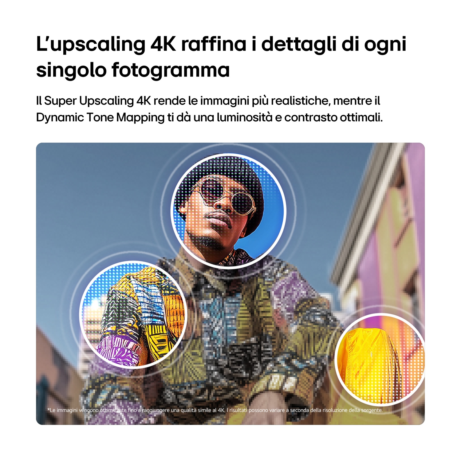 Uomo con occhiali da sole e camicia colorata, mostra effetti di upscaling 4K.