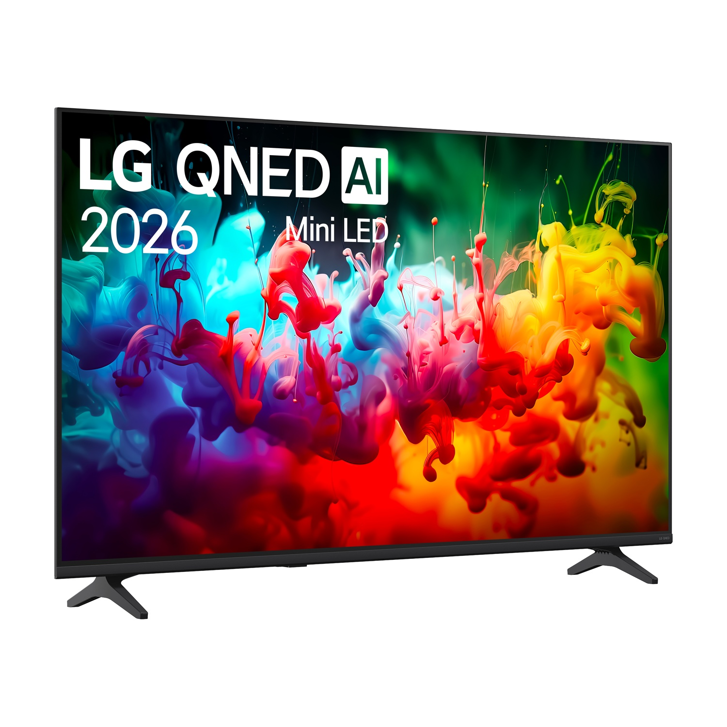 TV LG QNED AI Mini LED con effetti fumo colorati sullo schermo.