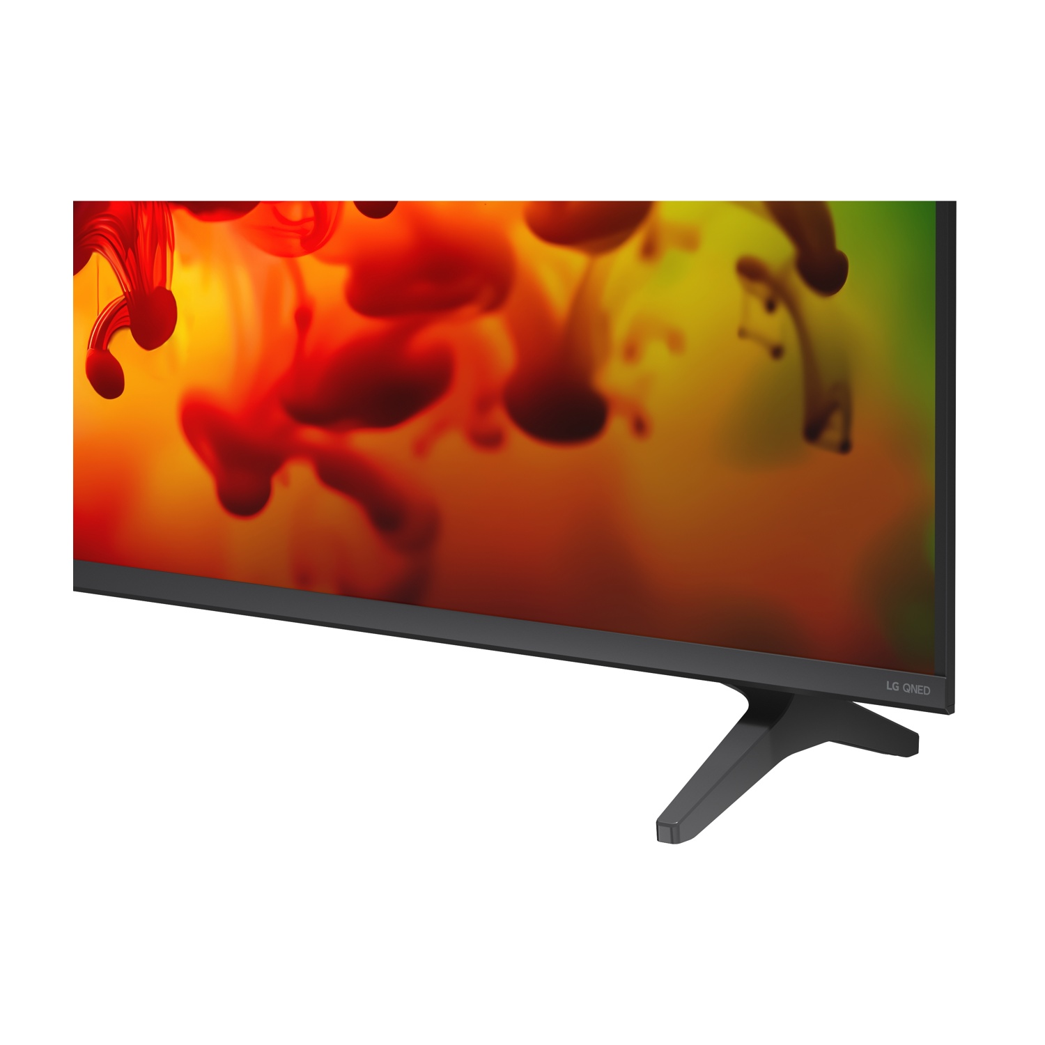 Una TV LG QNED con uno sfondo colorato di vortici rossi e gialli.