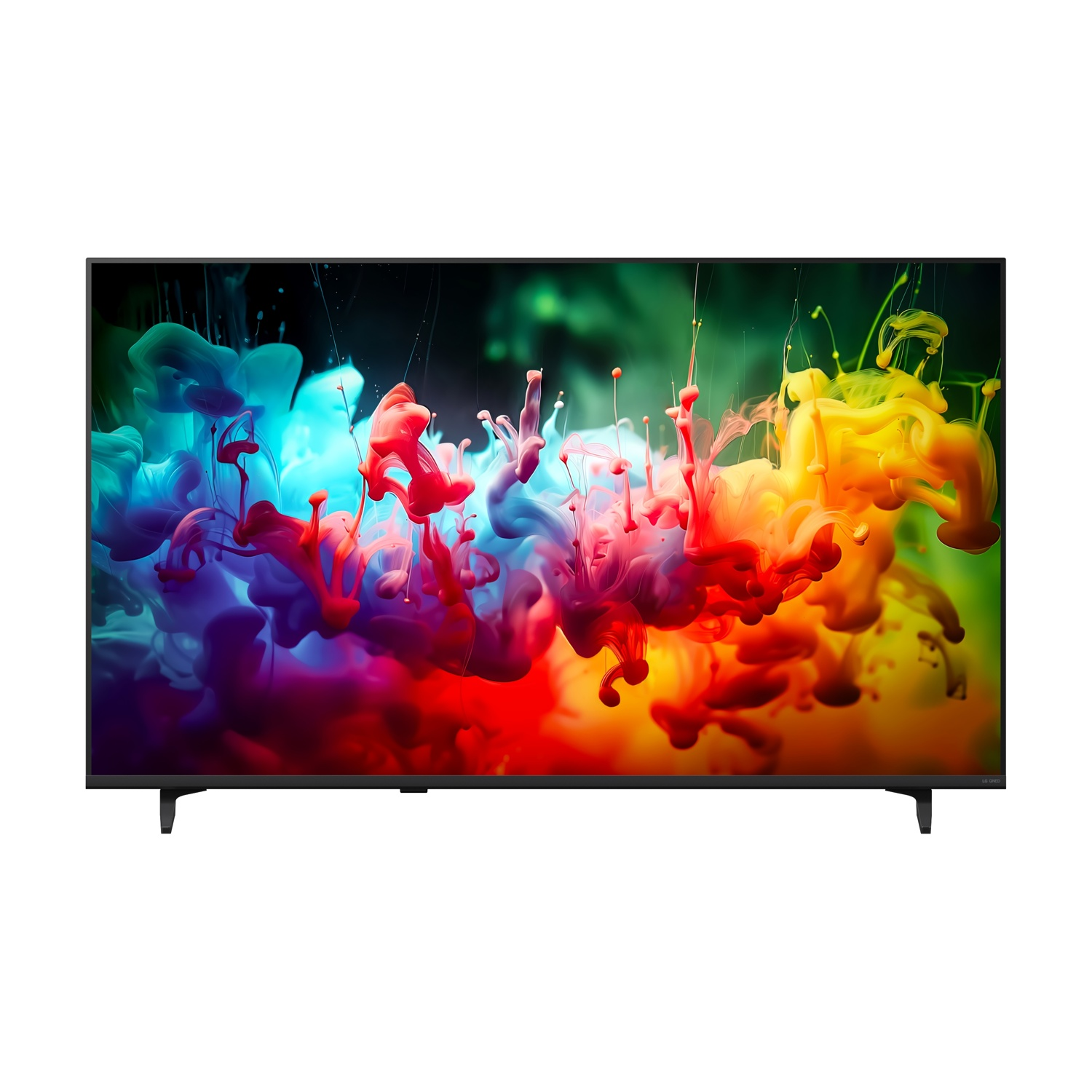 TV moderno che mostra vortici di inchiostro vibranti e colorati di rosso, blu, giallo e verde.