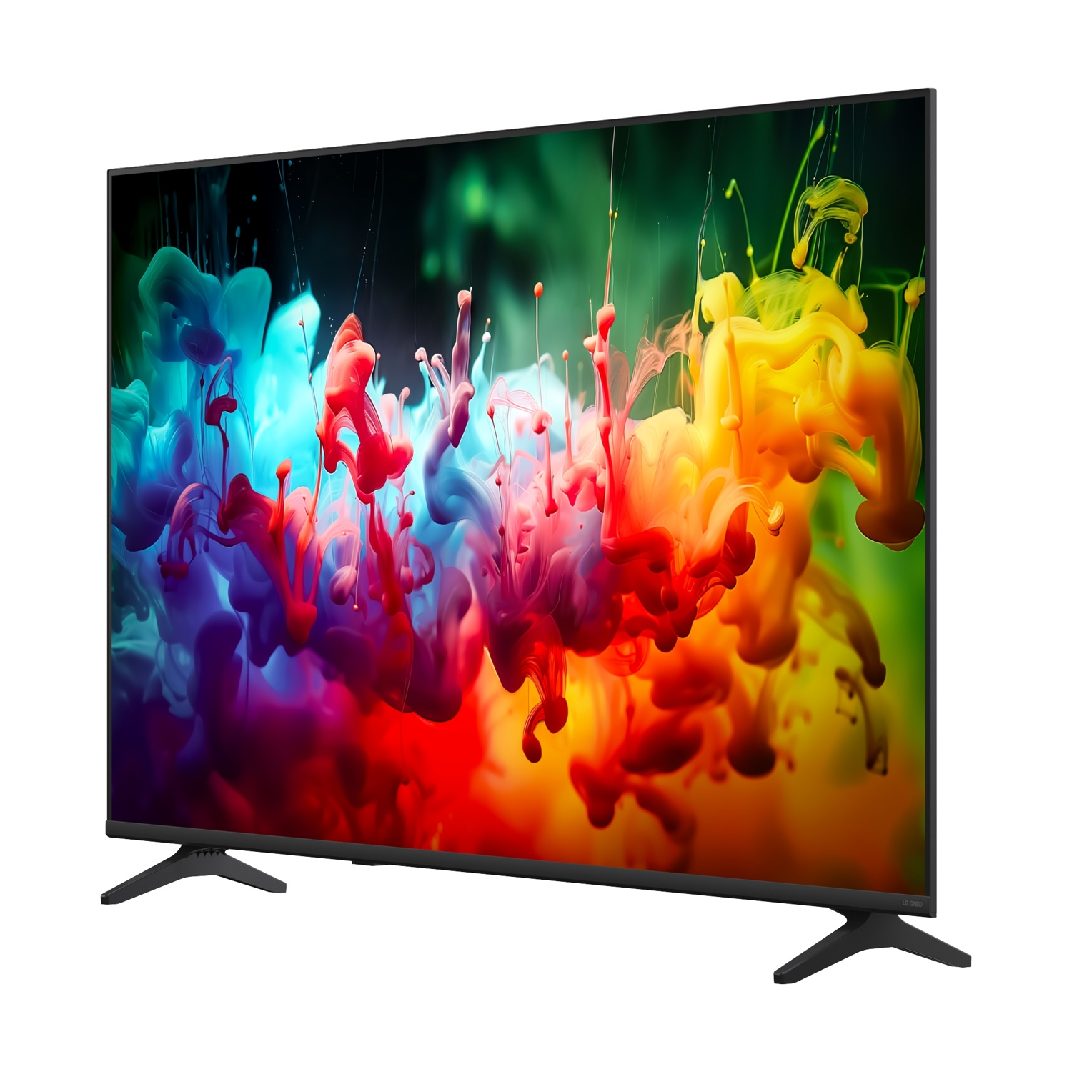 Una moderna TV nera mostra vivaci schizzi di inchiostro colorato su sfondo scuro.
