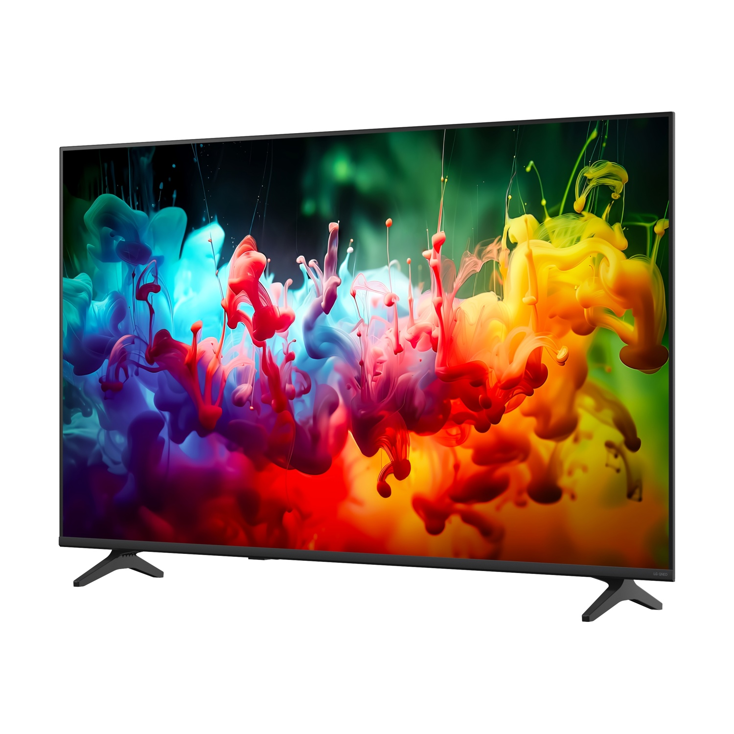 Un televisore moderno con schermo a schizzi di inchiostro colorati e piedini neri.