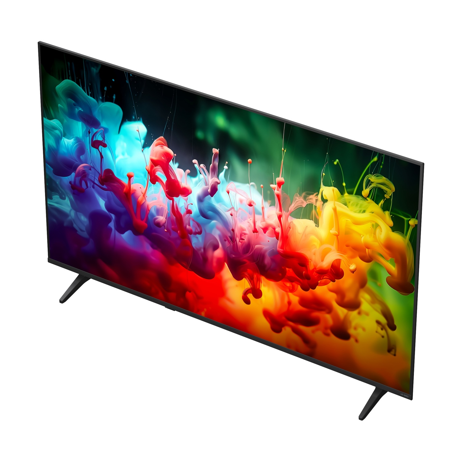 Una moderna TV nera con un vibrante schermo a schizzi di inchiostro.