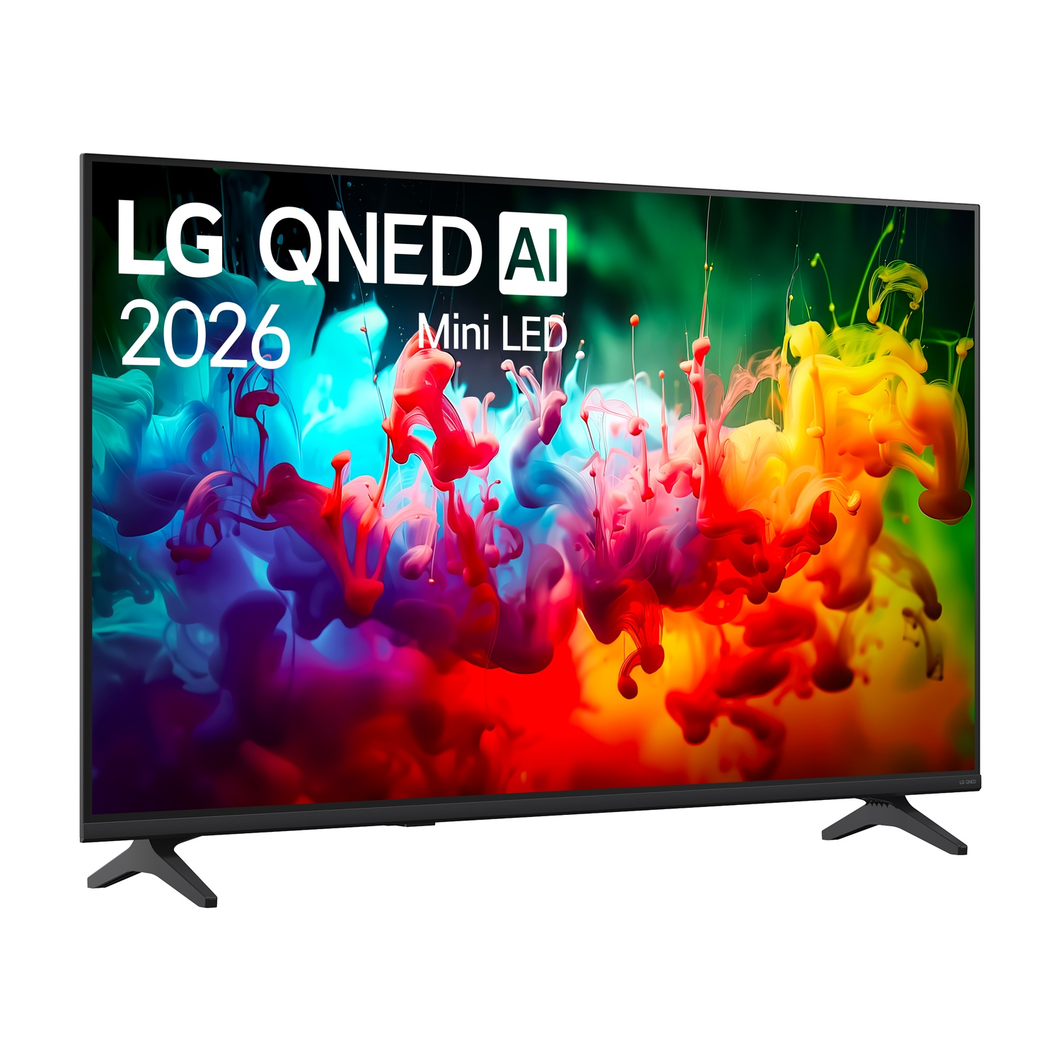 TV LG QNED AI 2026 Mini LED con schermo astratto dai vivaci schizzi di inchiostro colorati.