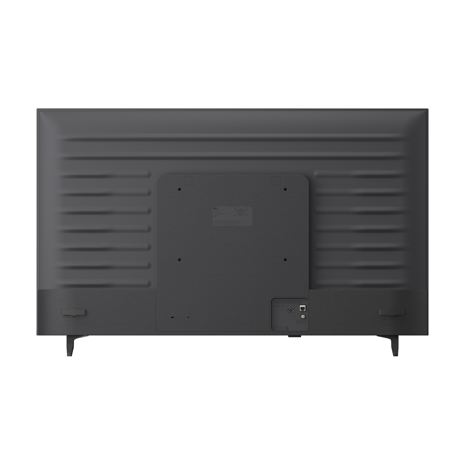 Retro di una TV scura con scanalature orizzontali e porte.