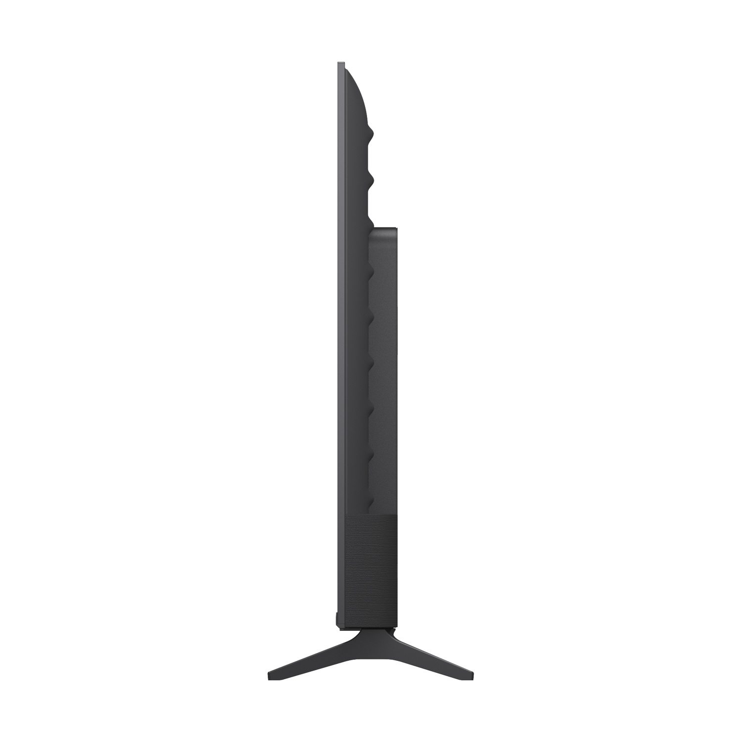 Vista laterale di una TV nera a schermo piatto con cornice stretta e piedistallo.
