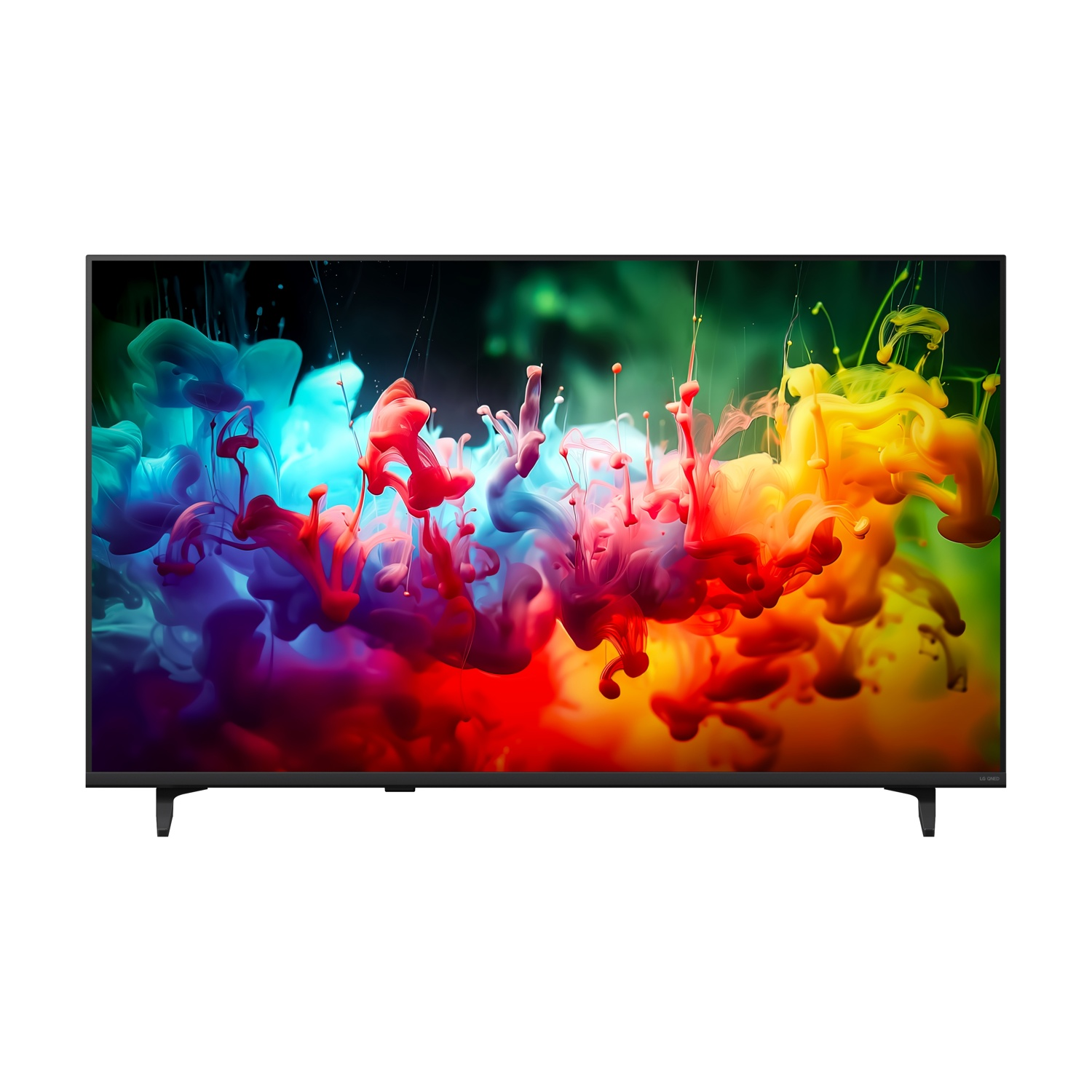 Uno schermo TV nero mostra una vibrante immagine astratta di nuvole d'inchiostro colorate in blu, rosso e giallo.