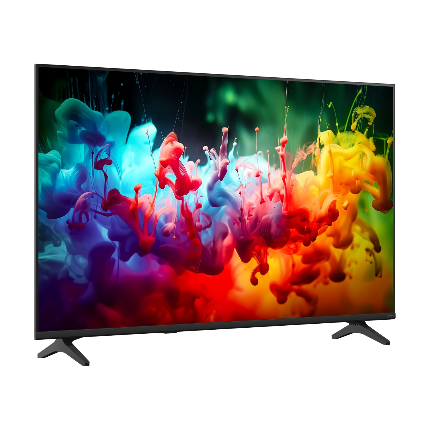 Una TV moderna mostra vivaci schizzi di inchiostro colorati su sfondo scuro.