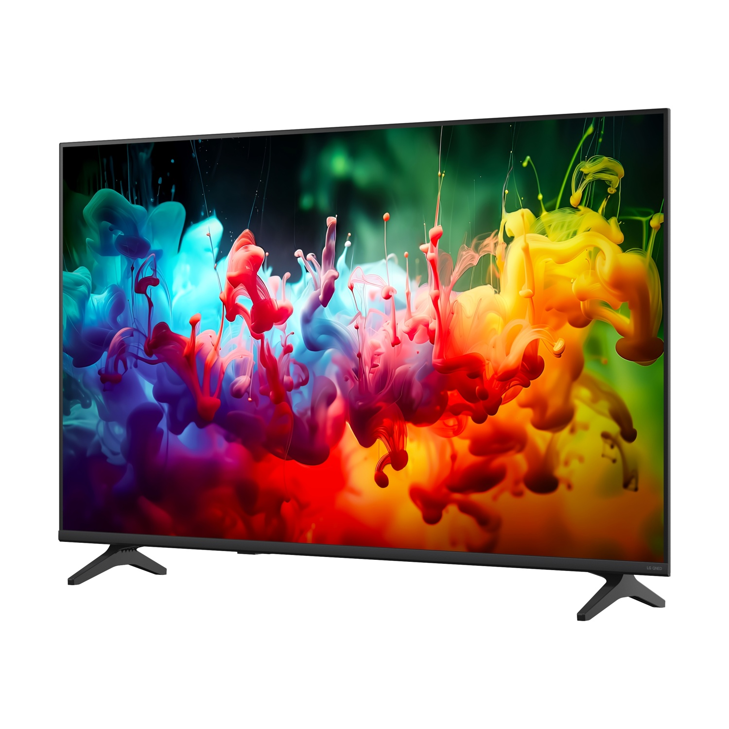 Una TV moderna a schermo piatto che mostra un vibrante motivo astratto di schizzi di colore sullo schermo.