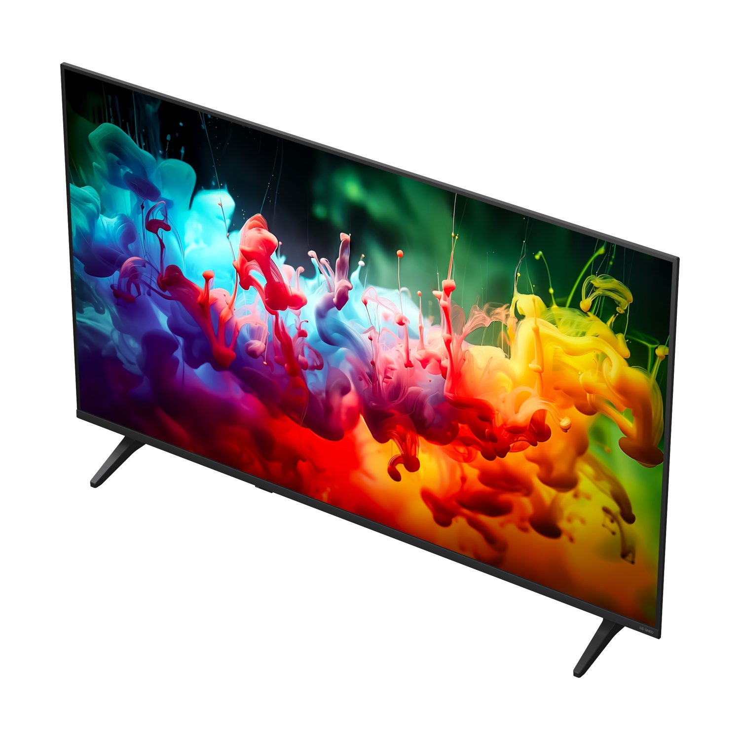 Una moderna TV nera con schermo a schizzi d'inchiostro colorati.