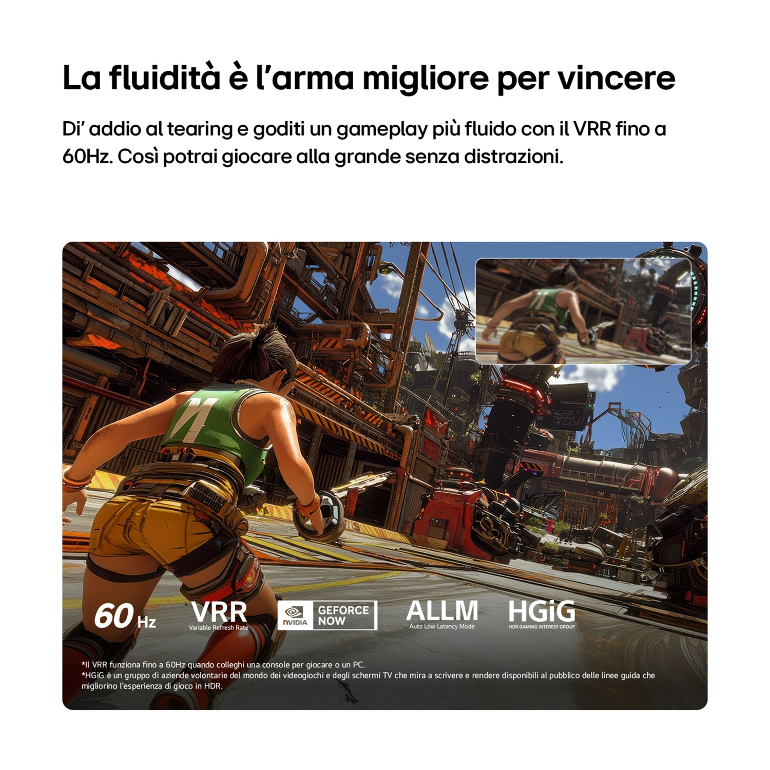 Una donna in tenuta completa in una scena di gioco futuristica con testo e loghi.