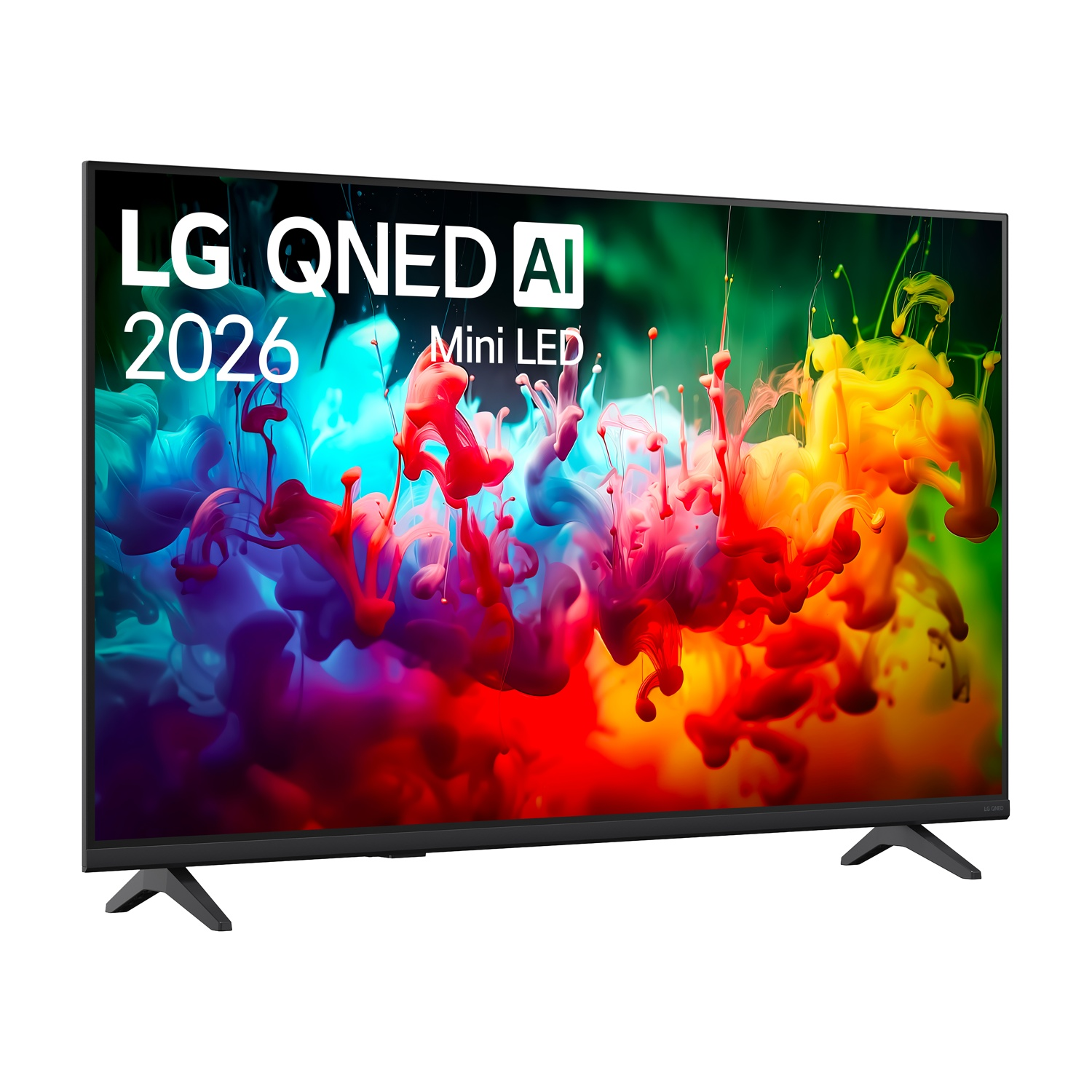 Una TV LG QNED AI Mini LED con sfondo di fumo colorato.