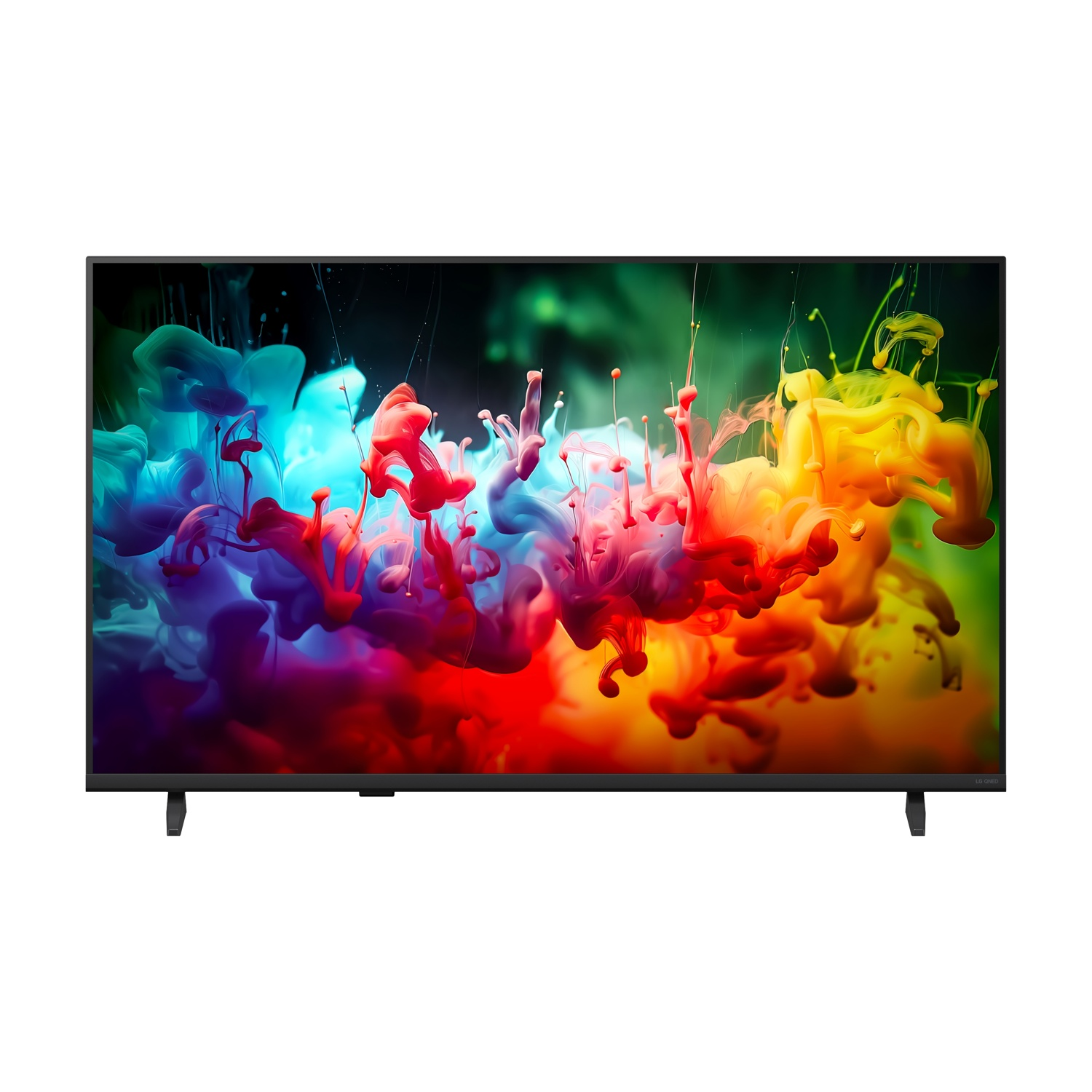 Una TV moderna mostra un'immagine vibrante di esplosioni di inchiostro colorate in blu, rosso e giallo.